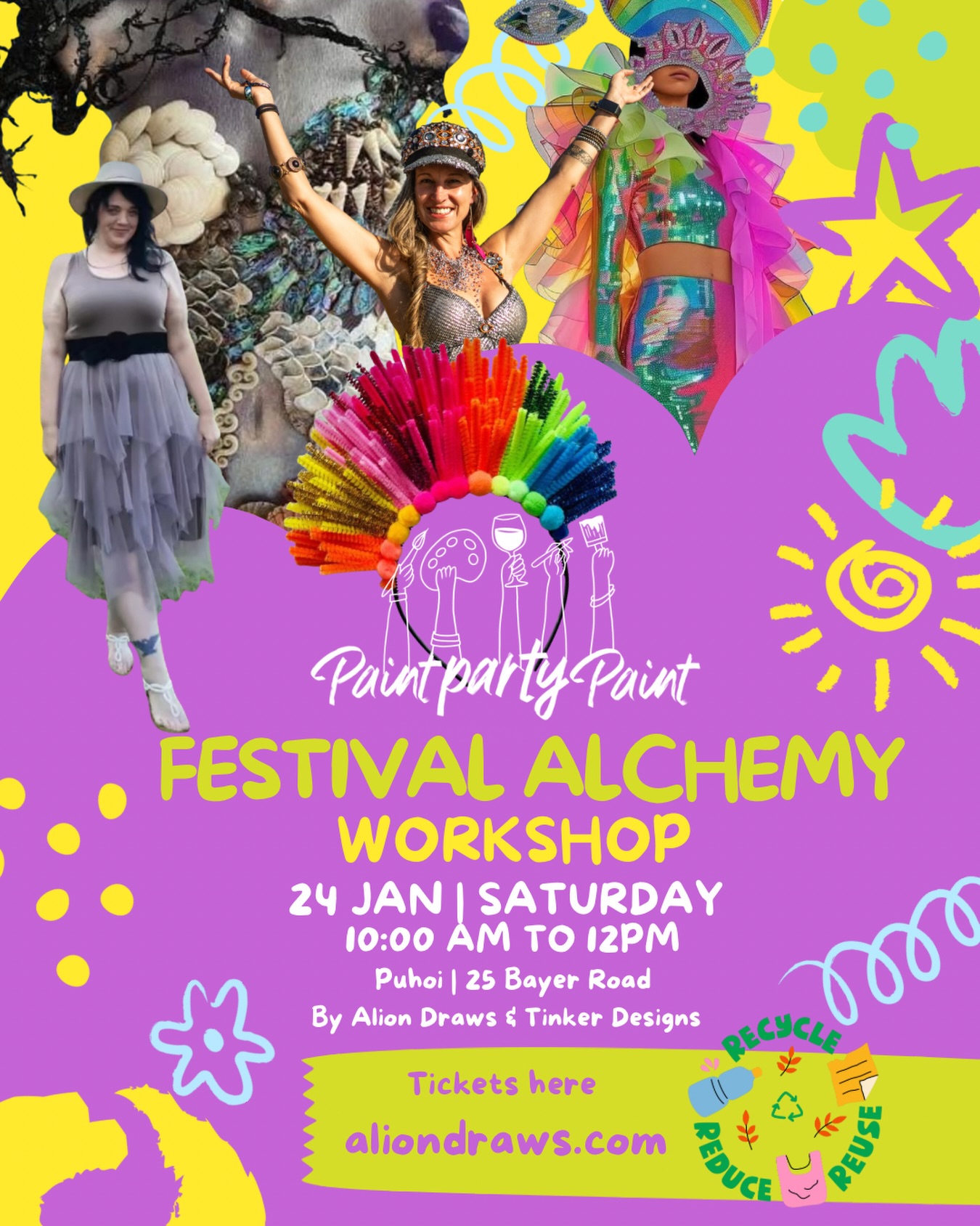 🎨✨ Festival Alchemy | Paint & Craft Party for Wearable Art ✨🎨
Paint. Craft. Wear. Party.
A hands-on creative workshop where recycled bits and everyday objects turn into festival-ready wearable art. Hats, clothes, and accessories — made to be worn, danced in, and celebrated.
This is a relaxed paint-party-style session: fun, a little messy, and full of good vibes. Using paint, fabric, textures, found objects, and hot glue, we create without rules — turning scraps into magic and making your own unique piece to wear at your next festival or party.
✨ No experience needed
✨ All materials + food & drinks provided
✨ Bring anything you’d like to upcycle
By Noila Souza & Tinker Designs
📍 Alion Studios — 25 Bayer Road, Puhoi
💰 $50 per person
🍷🧀 Includes wine & nibbles
Come craft your festival look, meet like-minded humans, and leave with something truly yours.
🎟️ Tickets: aliondraws.com