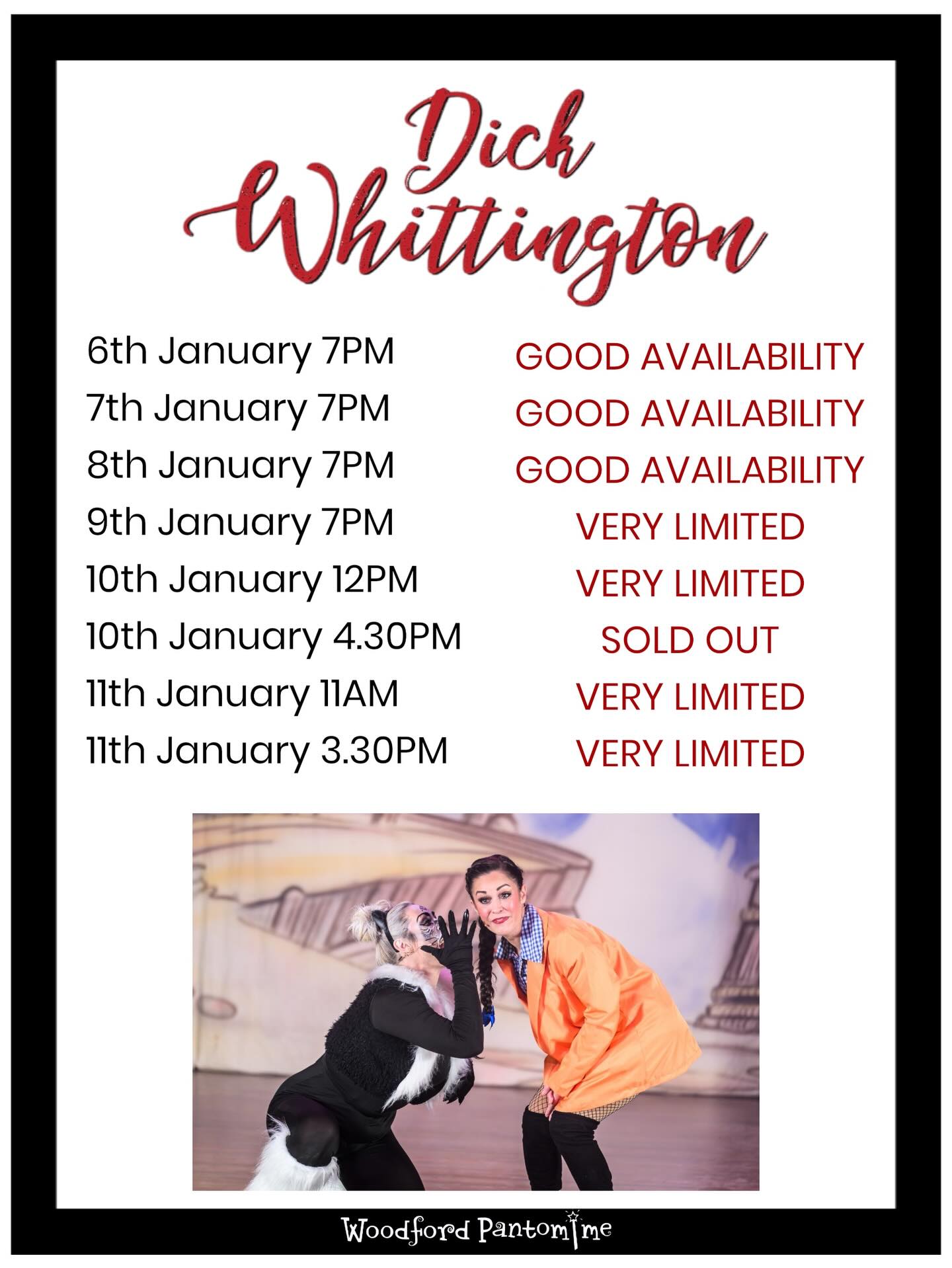There’s still good availability for our weeknight performances of Dick Whittington. Gather your friends, family, or workmates and come along for a purr-fect night out supporting your local pantomime!
📍 Sir James Hawkey Hall, Woodford Green
🎟️ Call our box office or email to book tickets & pay via bank transfer to avoid the booking fee!
📞 07391 222 464
💻 www.woodfordpantomime.co.uk
📧 woodfordpantocommittee@outlook.com
📸 @seaneastphotography
👗 @mollylimpets