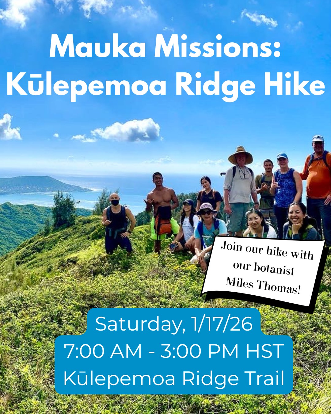 Join us at Mauka Missions: Kūlepeamoa Ridge (EXPERT)!
Hike with our botanist, Miles, to learn about Hawaiʻi's unique native species and invasive threats to better understand the ecosystems we are trying to restore.
Date: Jan 17, 2026, 7:00 AM – 3:00 PM HST
Location: Meet at the Anolani St. cul de sac
(Anolani St, Honolulu, HI 96821, USA)
https://wix.to/3VLRXxO
#maukamissions #touchplants #botanize #ainaeducation #nativeforest #hawaii #hike #conservation #rsvpnow #savethedate