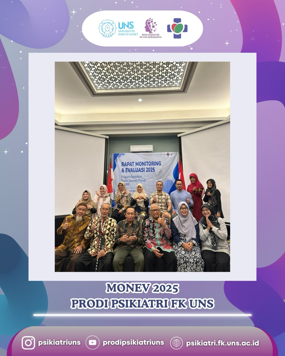 *Monitoring & Evaluasi PPDS Psikiatri FK UNS*
Sebagai bagian dari komitmen peningkatan mutu pendidikan, PPDS Psikiatri FK UNS melaksanakan kegiatan Monitoring dan Evaluasi (Monev). Kegiatan ini menjadi langkah reflektif untuk menilai proses pembelajaran, pembimbingan klinik, serta capaian kompetensi peserta didik.
Bersama, kami terus berbenah demi pendidikan psikiatri yang berkualitas dan berkelanjutan