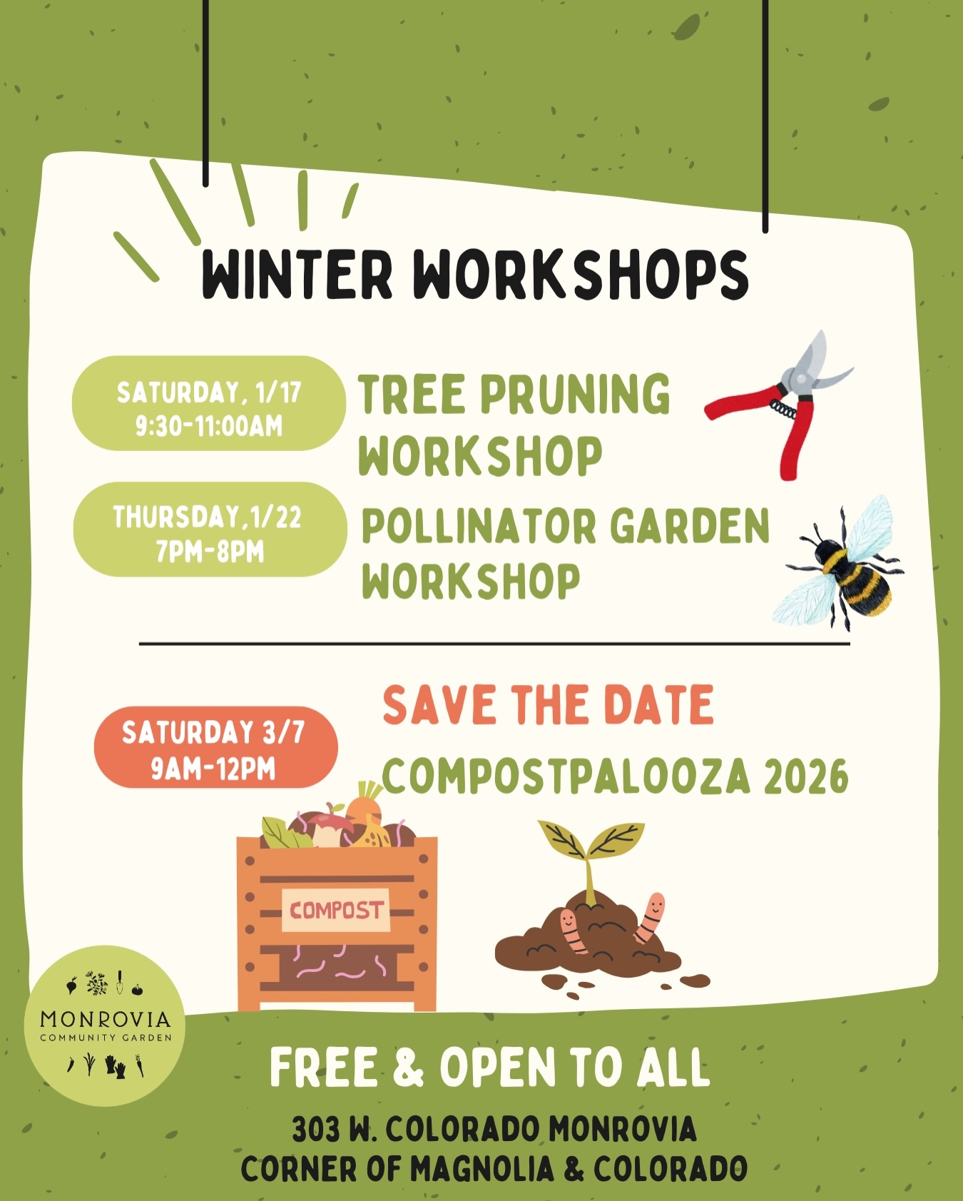 New Year, new you? Cut your losses at our tree pruning workshop and get first hand experience pruning our fruit trees! ✂️🌳 Or buzz on by to an evening workshop on growing a pollinator garden for Spring! 🐝
& save the date for Compostpalooza 2026 ♻️ 🪱 to start your composting journey! More details coming soon!