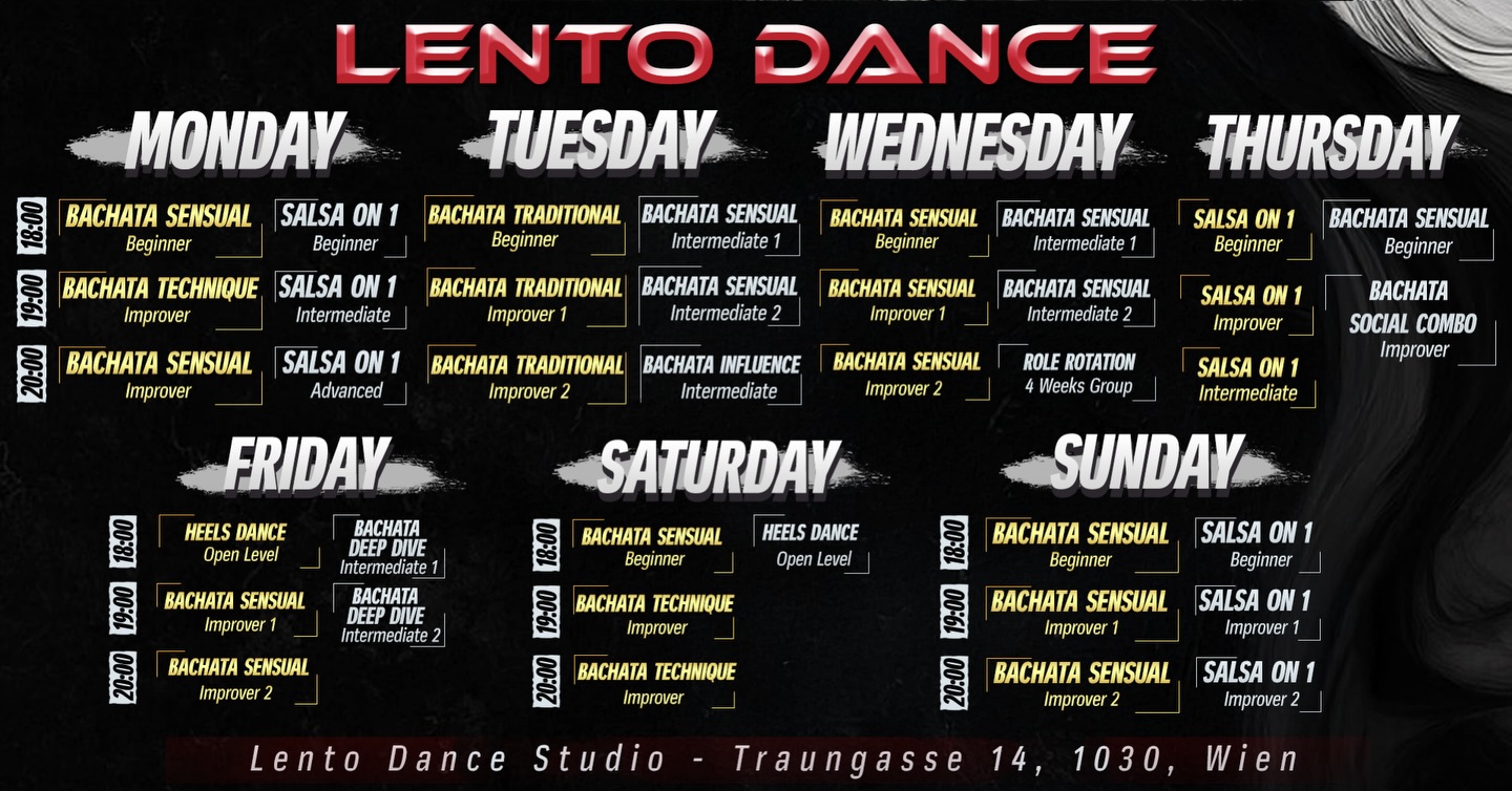 ⭐️ YOUR WEEKLY SCHEDULE ⭐️
🔥 DANCE 7 DAYS A WEEK WITH LENTO 🔥
⏩️ NO DANCE PARTNER/NO REGISTRATION NEEDED
⏩️ PAY PER CLASS OR PER MONTH
📍 Lento Dance Studio - Traungasse 14, 1030, Vienna
Monthly Passes are available on our Website, link in the bio! 👆