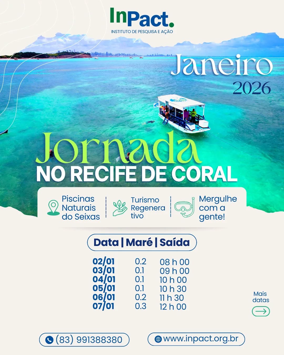 ✨ Agenda de Janeiro ABERTA! ✨
Já pensou em viver uma experiência única de conexão com a natureza? 🌎💙
A Jornada nos recifes de Coral é um passeio educativo e encantador, onde você conhece de perto os corais, a vida marinha e a importância da conservação dos nossos oceanos.
📅 Confira as datas disponíveis
📲 Faça sua reserva pelos nossos canais de atendimento:
📱WhatsApp: (83) 99138-8380
✉️Direct message
🌐 Saiba mais em: www.inpact.org.br
📍Local de embarque: Rua dos Pescadores, 501. Ponta do Seixas, João Pessoa - PB.
Vagas limitadas! Garanta já a sua e venha viver essa experiência transformadora 🌊✨
#JornadaNorecifedeCoral #RecifeDeCorais #TurismoSustentável #EducaçãoAmbiental #ExperiênciaInPACT