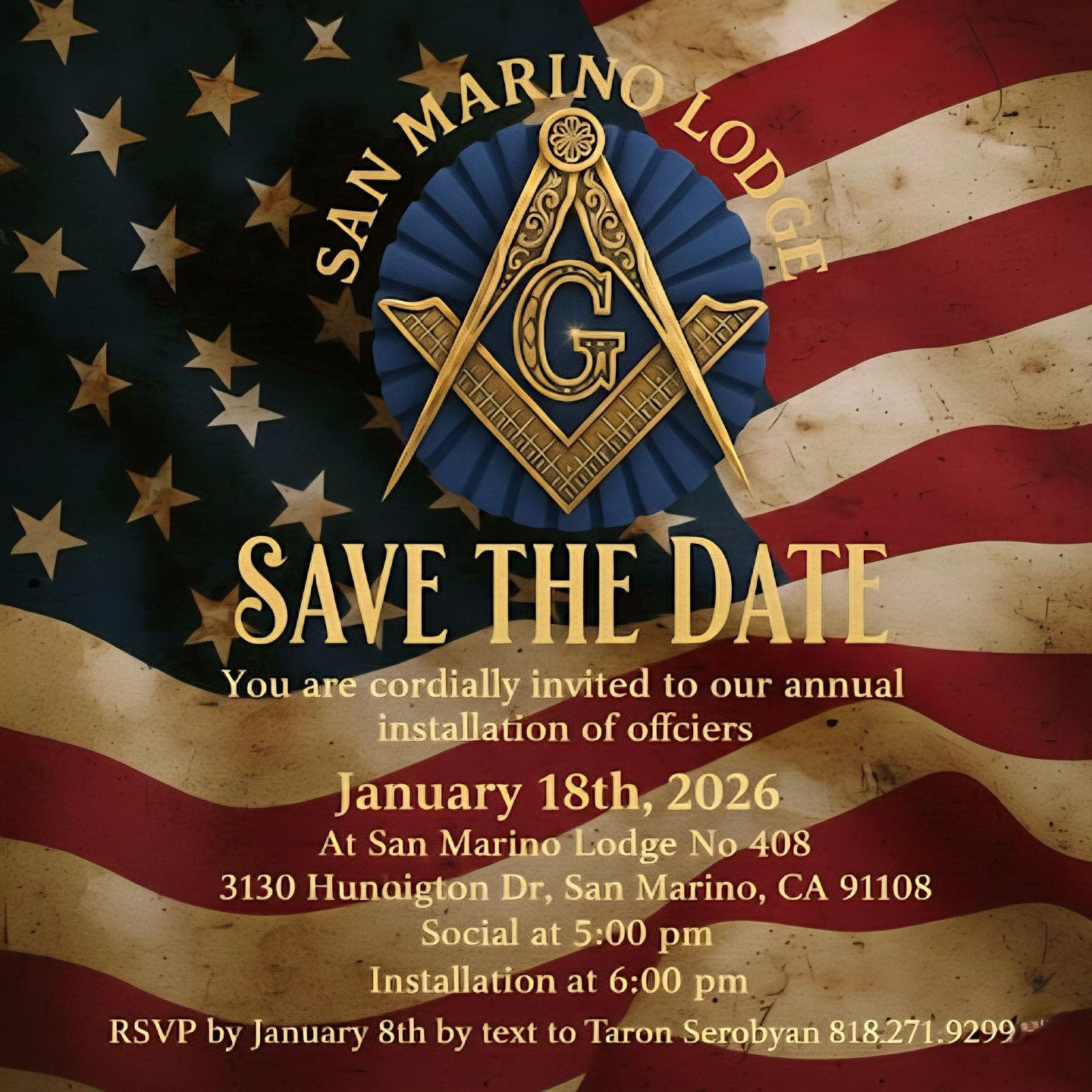 SAVE THE DATE! Installation of Officers Jan 18th 5pm Social, 6pm Installation. Please RSVP
#masonsofca #freemasonsofamerica #freemasons