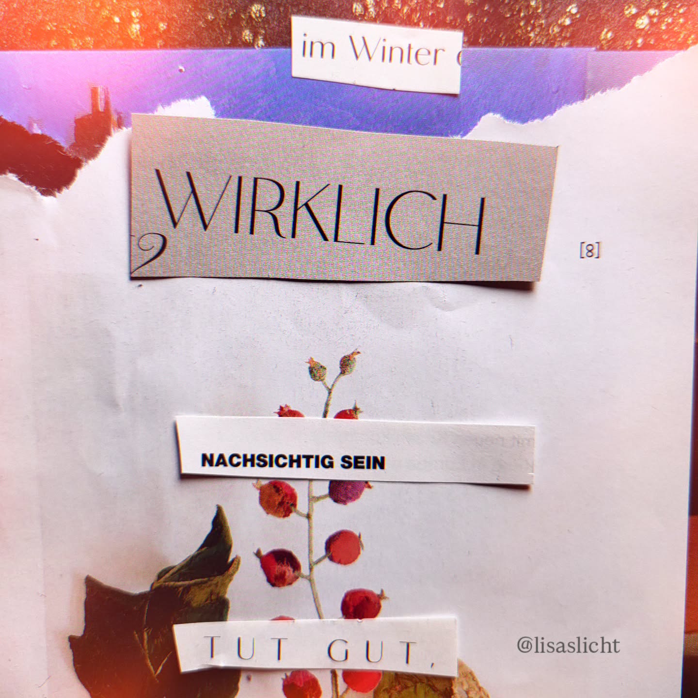 Das Jahr schläft noch.
Und du darfst es auch.
Die Vorsätze dürfen noch draußen auf der Fensterbank sitzen. Du darfst mit aller Nachsicht nachsinnen, was das Jahr so war und was das neue bringen darf.
#SanftInsNeueJahr #InnereReise #Winterschlaf #AchtsamMitMir #Naturstimmen