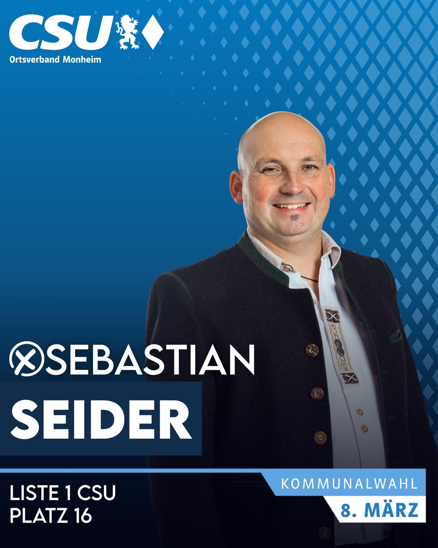 📣Wir stellen vor für den Stadtrat:
👤 Sebastian Seider
🎂 40 Jahre | 💍 verheiratet
🔧 Techniker für Agrarwirtschaft
🚛 selbstständiger Fuhrunternehmer
🏡Rehau
🏛 Aufsichtsrat Nahwärme Rehau e.G.
🚒 Feuerwehr Rehau
🚵♂️ Mountainbiken
🎿 Skifahren
🗳 Kommunalwahl 8. März
➡️ Liste 1 CSU – Platz 16
#csu #monheim #bayern #stadtrat #kommunalwahl