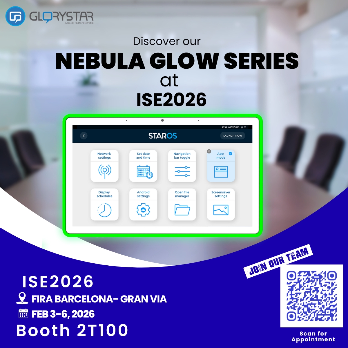 🌟 Illuminate the Future at ISE 2026! 🌟
Discover the stunning Nebula Glow Series from Glory Star – cutting-edge Android touchscreens with vibrant RGB LED rims that add sophistication and interactivity to meeting rooms, kiosks, retail, and more!
Join us in Barcelona from February 3-6!
Book your appointment today for FREE Tickets:
📩 Contact: sales@glorystargroup.com
🌐 Visit: https://www.glorystartouch.com/book-appointment
📱 Or scan the QR code below to book your demo slot.
See you there! 🚀
#ise2026 #systemintegrators #ledtech #audiovisual #interactivedisplay #AVInnovation #avtech #proav #glorystartouch