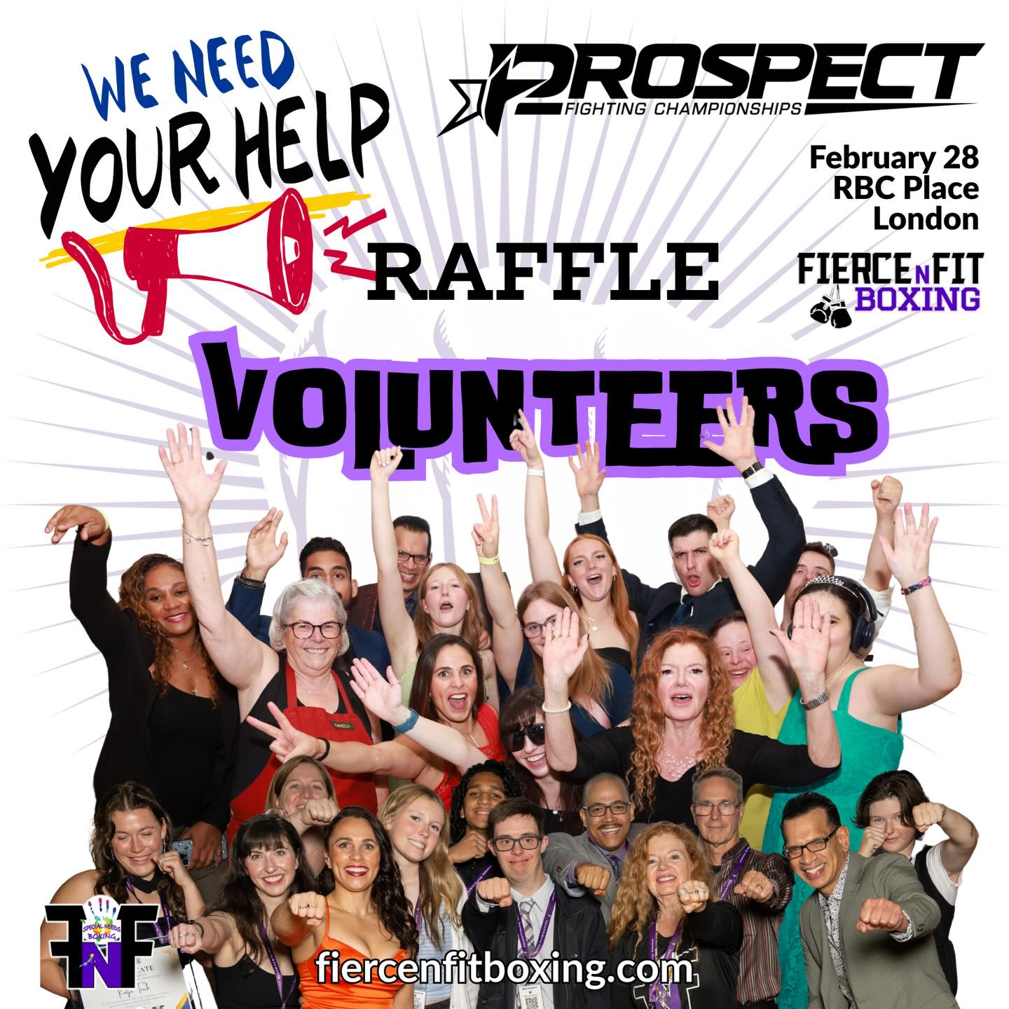 We need Raffle Volunteers.
Fierce N Fit is looking for Volunteers to help run our Raffle at the Prospect MMA Fight Event on Friday, February 28 at RBC Place in London.
Volunteers will help
• Sell raffle tickets
• Engage with the crowd
• Support our fundraising efforts
Funds raised through the raffle directly support our inclusive Boxing programs for individuals with special needs.
If you are available to Volunteer, please sign up using the link below.
https://forms.gle/Uu4mvtAjTdYKCnMJ9
For more information about Fierce N Fit, please visit
www.fiercenfitboxing.com
#fiercenfitboxing #specialneedsboxing #aplaceforall #prospectfc