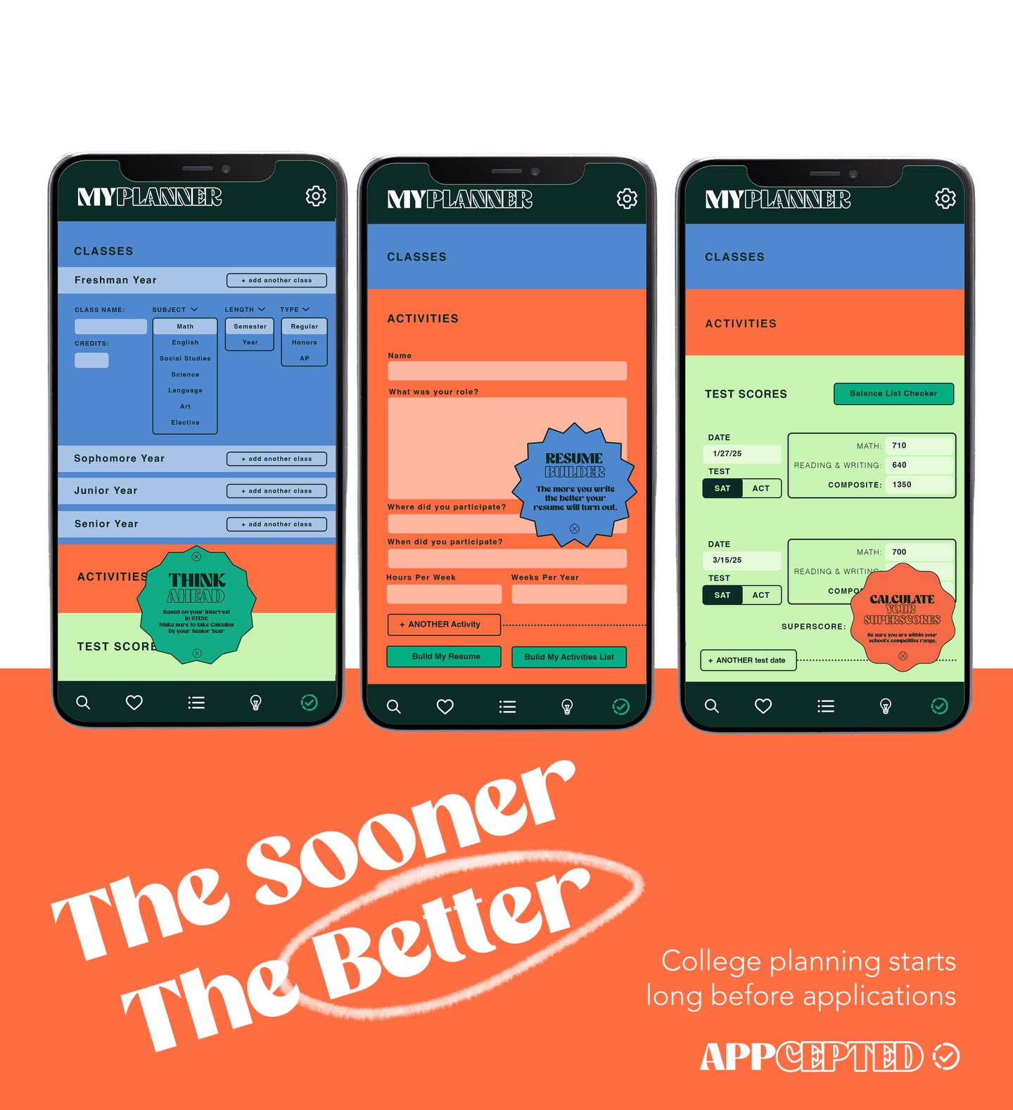 Don’t wait to get started! APPcepted is specifically designed to start helping you reach your greatest potential as early as freshman year of high school. Take the stress out of college applications- plan ahead with our support!