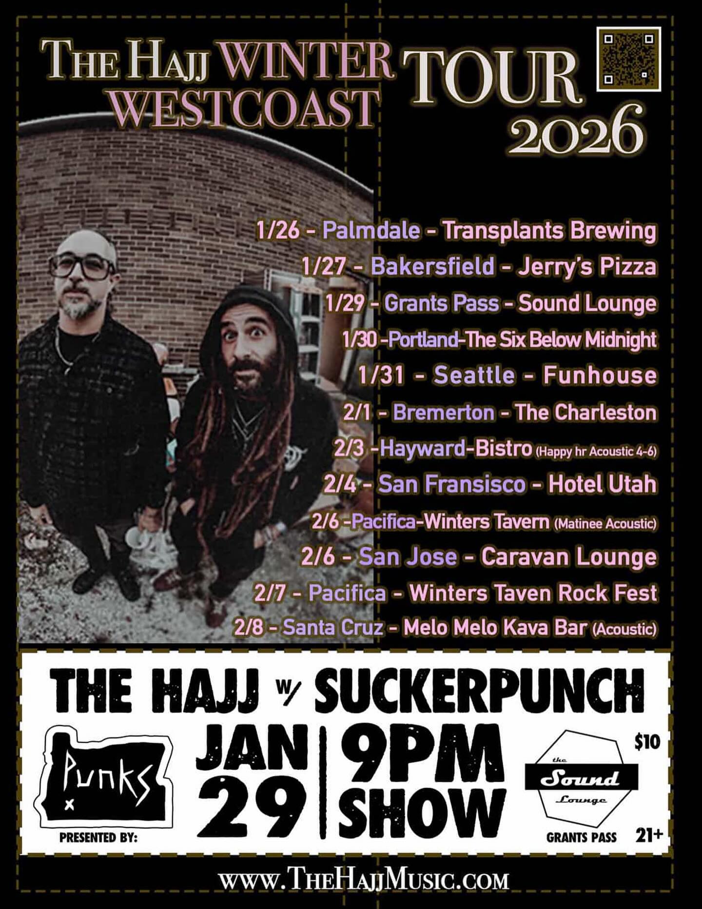 Grants Pass, OR! We’re coming for ya January 29th at @soundloungegp with the homies @suckerpunchgp presented by @oregon_punks
#thehajj #thehajjmusic #winterwestcoasttour2026