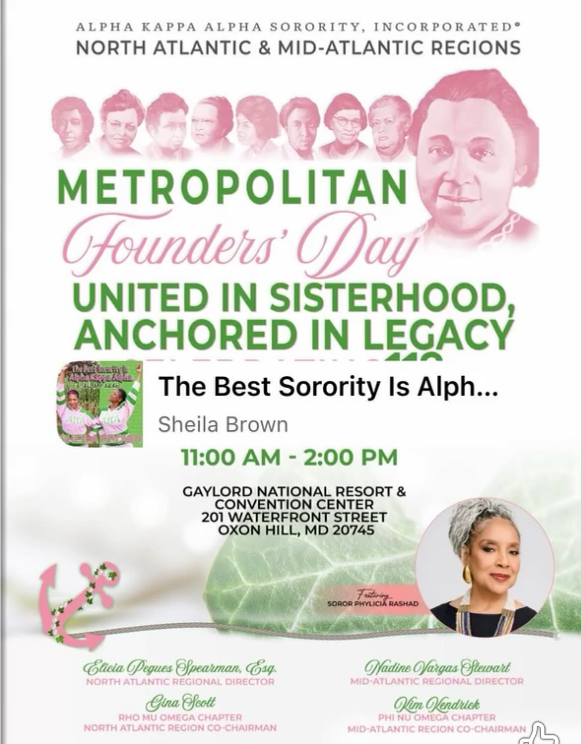 ✨💗💚 Metropolitan Joint Founders’ Day 💚💗✨
Today,, we were honored to celebrate Alpha Kappa Alpha Sorority, Incorporated® during the NAR & MAR Joint Metropolitan Founders’ Day at the Gaylord National Harbor as we approach our 118th Founders’ Day. Sisters from the North Atlantic and Mid-Atlantic Regions gathered in sisterhood to reflect on our rich history, honor our Founders with a vision fair, and rededicate ourselves to a legacy rooted in service, to all mankind and sisterly love. 💕💚
The celebration was filled with inspirational presentations that reminded us of the strength, vision, and courage of the women who dared to create space for excellence in 1908. We were especially moved by the powerful and heartfelt address from our Special Guest, Phylicia Rashad, whose words resonated deeply and served as a beautiful reminder of the responsibility and privilege we carry as members of this great sisterhood.
In the true spirit of Service to All Mankind, this joint celebration also included a meaningful service initiative supporting the Greater DC Diaper Bank, reaffirming our commitment to meeting the needs of families and communities with compassion and action.
As the FIRST event at the Gaylord in 2026, just proves Alpha Kappa Alpha continues to thrive across generations remains the F.I.R.S.T & Finest because of the connections we make, the purpose we share, and the legacy we are all entrusted to uphold. As we continue counting down to 118 years, we do so with pride, gratitude, and an unwavering commitment to carry our Founders’ vision forward. A warm thank to all the members of Alpha Beta Gamma Omega Chapter who volunteered their time and energy on the many committees to make today OUTSTANDING 🩷💚🩷
#AKA1908 #AKA118 #MetropolitanFoundersDay #NAR #MAR #ServiceToAllMankind #Sisterhood #LegacyInAction
