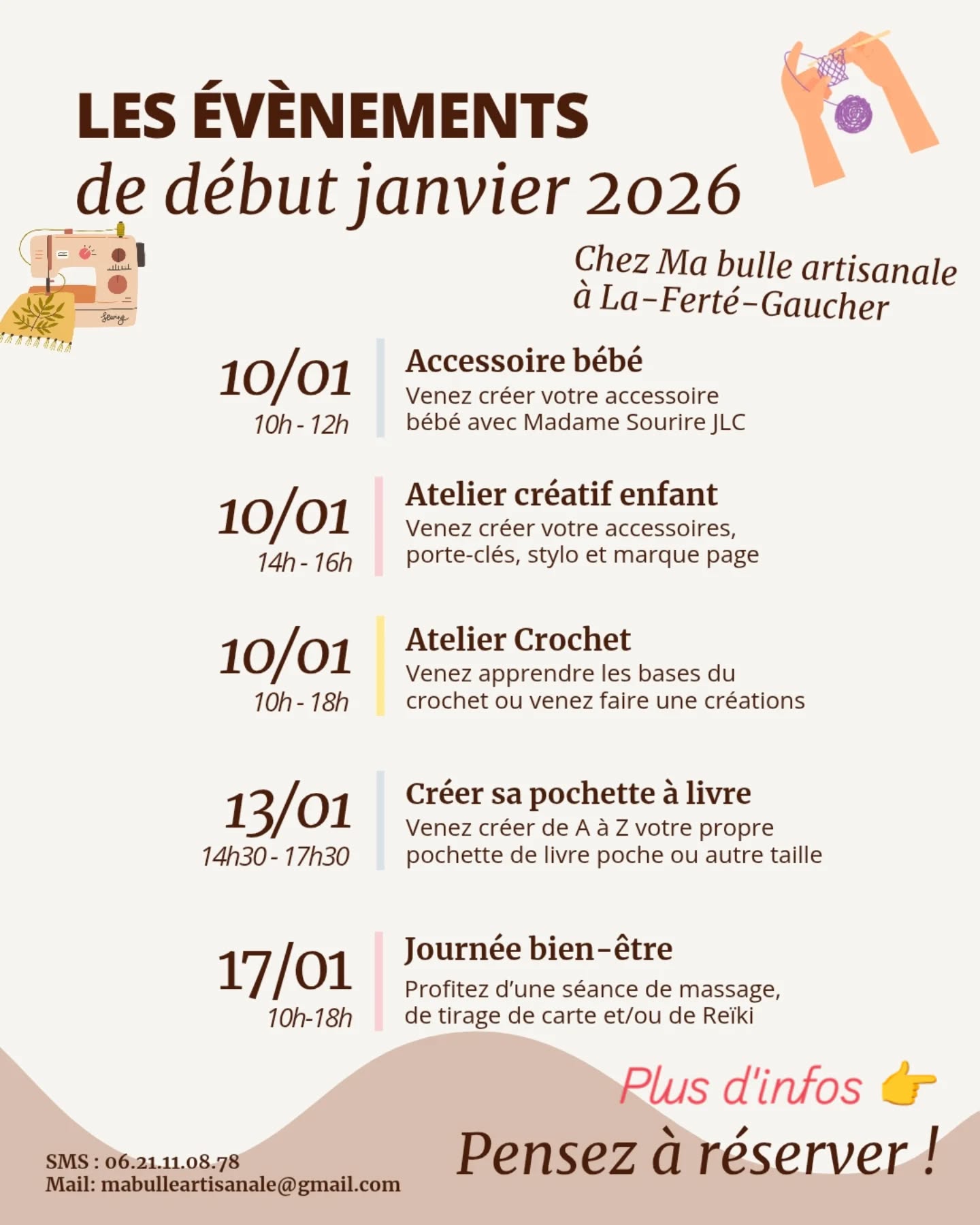 👋 2026 commence avec de belles activités. 🗓️ Atelier parent, futurs parents le samedi matin 10/01 avec @madamesourire.jlc et l'après midi occupé vos enfants lors d'un atelier créatif ! Vous pourrez aussi vous initier aux bases du crochet le samedi 10 avec @arianecreations77
Le mardi 13/01 venez fabriquer votre pochette de livre avec @q.pingui12
🌟 Tout nouveau, la journée bien-être ! Venez profiter de séances de massage, de tirage de carte et de reiki avec nos 3 praticiennes 🤗 elle prendrons soin de vous lors de séances du 20 à 30 min, vous pouvez les faire à la suite ou individuellement
Pensez à réserver vos places pour nos ateliers !
#BienÊtre #AtelierCrochet #ateliercreatif #ateliercouture #2026