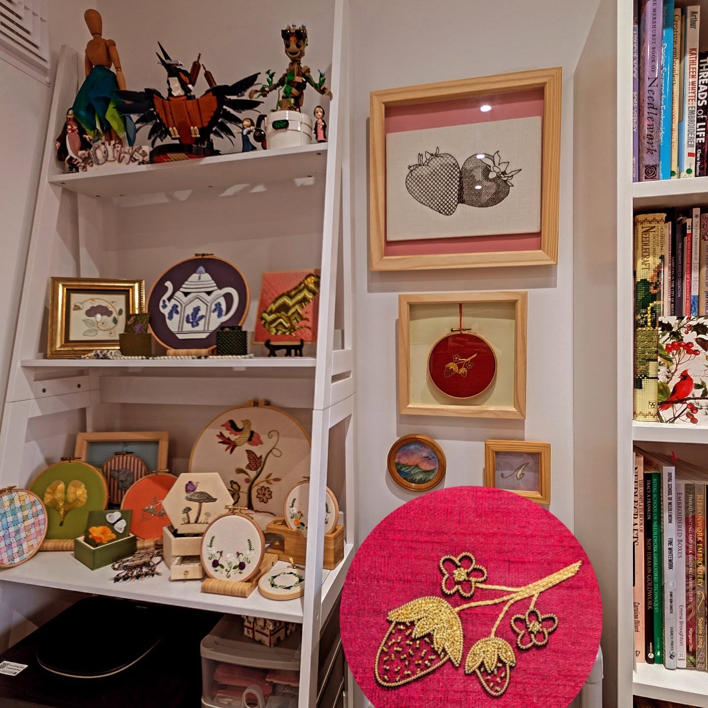 I'll be fully back in the studio next week, when school starts. But this morning, I took a bit of time to hang some pieces that had just been propped up.
I just checked my class numbers and the Goldwork strawberries have sold out! Spaces are still available for online 😊
I think I need to make some little platforms for my shelves so I can use all the space...my class samples are growing!! Or maybe I just need to put more on the walls🤔
#embroiderytutor #embroideryclass #embroiderylove #runningoutofspace #goldwork #embroiderystudio #embroiderersofinstagram #strawberries #beginners