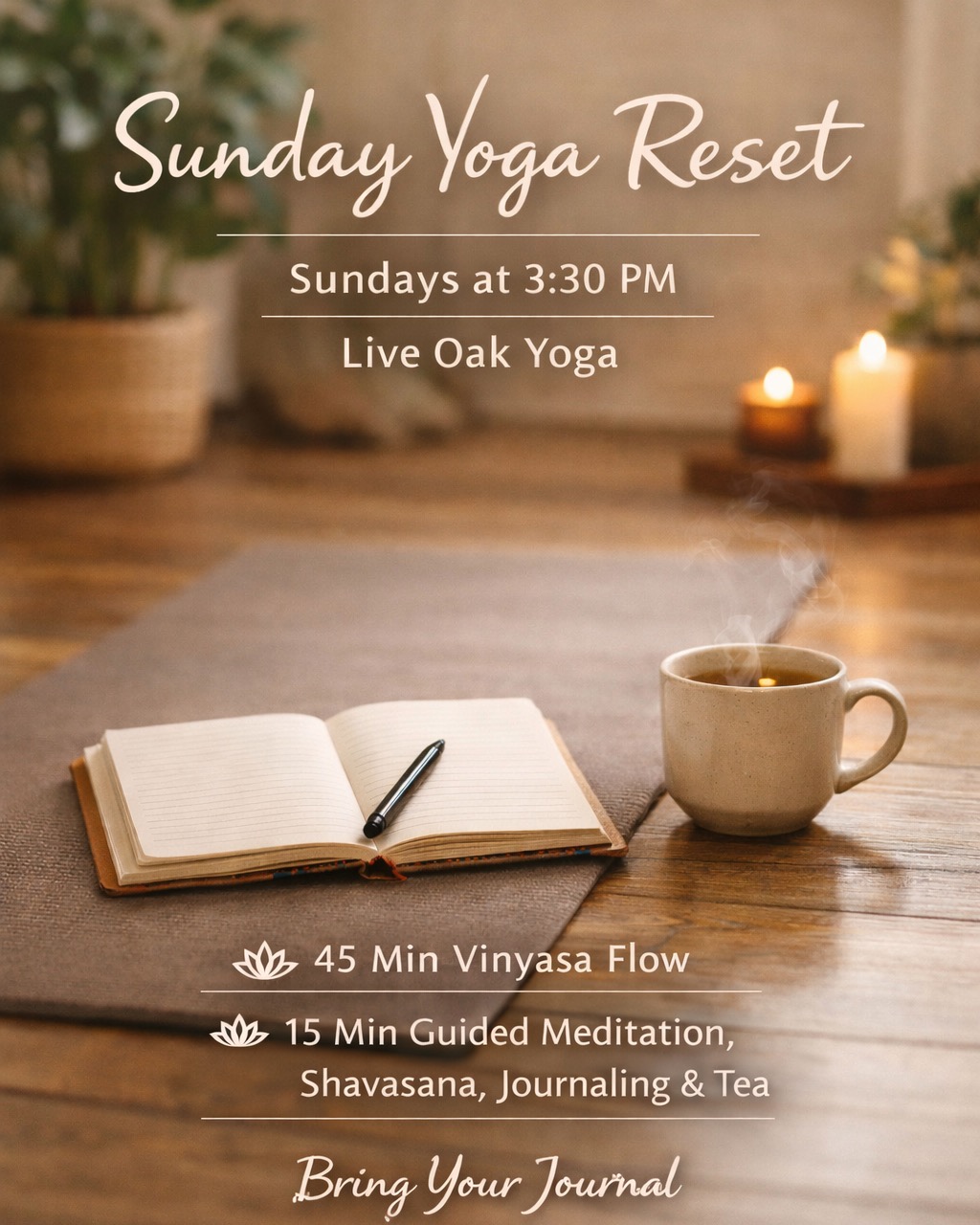 🌿 New on the Schedule: Sunday Yoga Reset 🌿
Join us for Sunday Yoga Reset, a weekly class designed to help you pause, reflect, and step into the new week feeling grounded and clear. Taught by various members of the Live Oak Yoga teaching staff, this class offers a familiar rhythm with fresh energy each week.
🗓 Sundays | 3:30–4:30 PM
This thoughtfully structured hour includes:
• 45 minutes of vinyasa flow to move, breathe, and release the week
• 15 minutes of shavasana, guided meditation and journaling to set intentions and reset your mindset
Please bring your own journal and something to write with. Herbal tea will be provided to enjoy during journaling and reflection.
Whether you’re closing out a busy week or preparing for what’s ahead, Sunday Yoga Reset is your space to slow down, tune in, and start the week feeling balanced and supported. #liveoakyoganola #sundyogareset #starttheweekright #endtheweekright #journaling #intentions #nolayogacommunity #nolayoga #yogaeveryday #shavasana #sundayfunday☀️