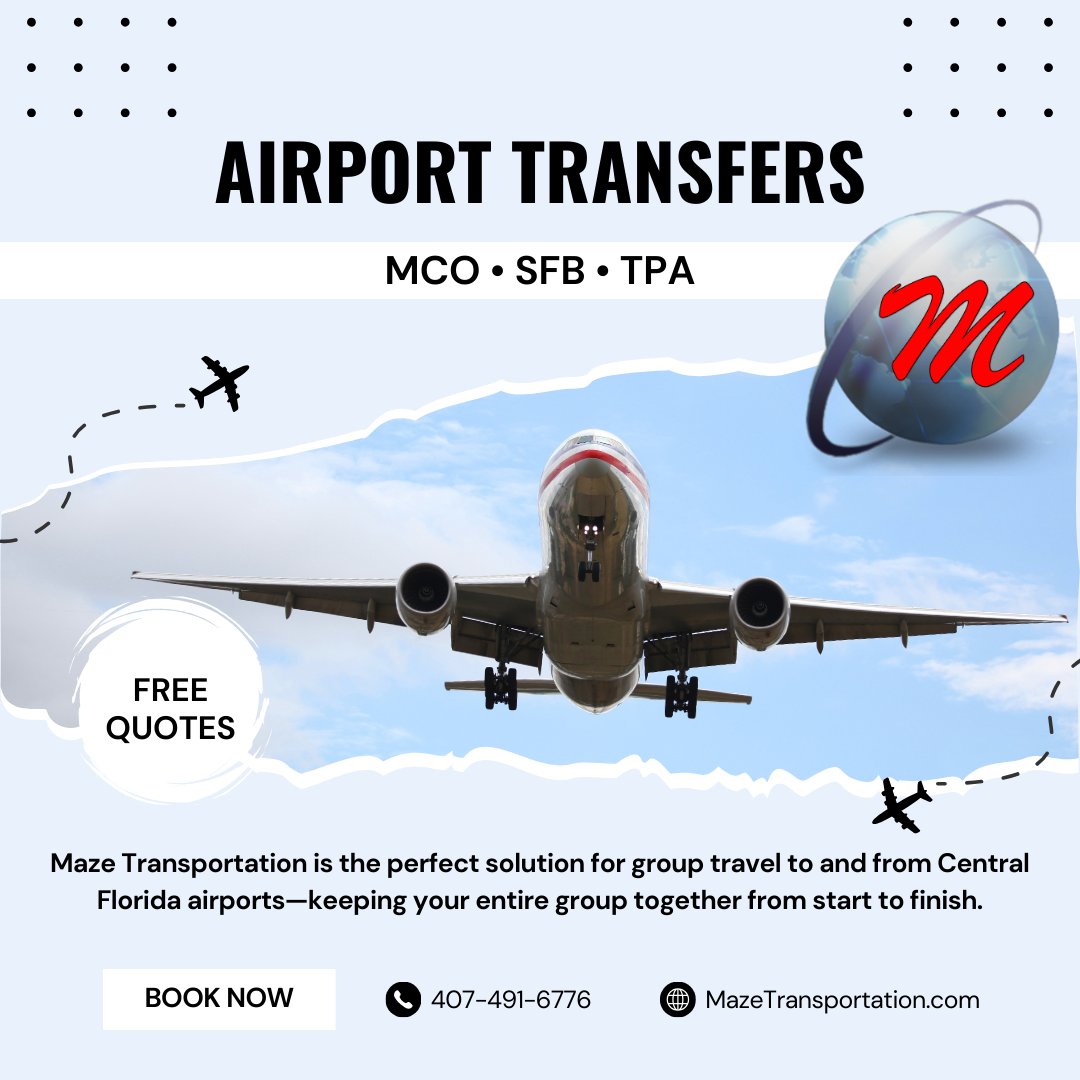 Flying into Central Florida with a group? We’ve got your airport transportation covered from touchdown to drop-off at your final destination.
Keep everyone together, skip the stress, and ride in comfort to and from MCO, SFB, and TPA.
Get a free quote today and let us handle the rest.
•
#MazeTransportation #AirportTransfers #GroupTransportation #MCO #SFB #TPA #CentralFlorida #CharterBus #TravelTogether #StressFreeTravel #AirportShuttle #GroupTravel #QuoteBookAndTrack