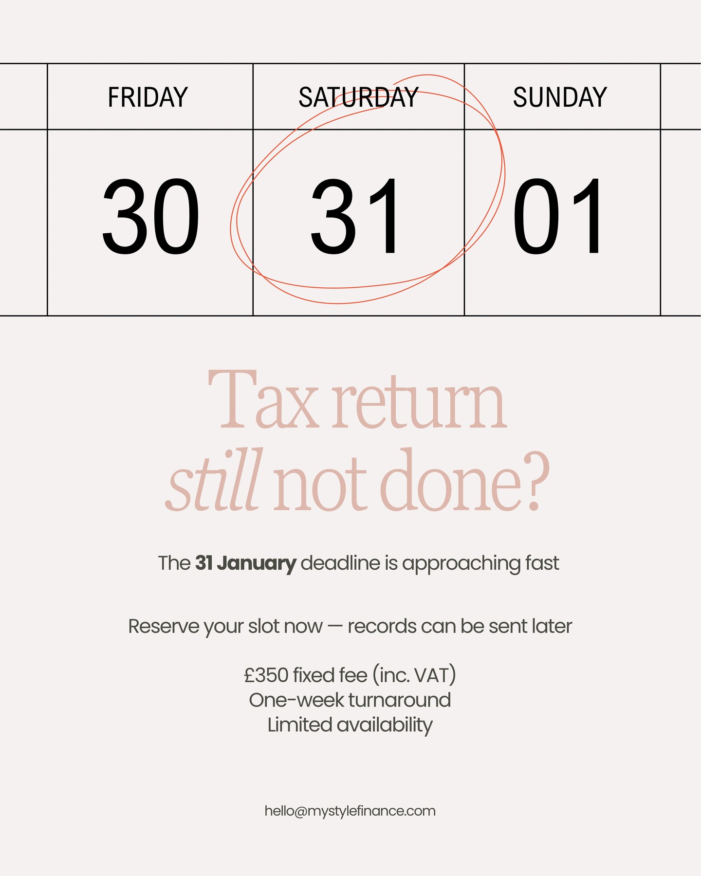If your tax return has been sitting on your to do list, you’re not alone - but time is running out.
January availability is limited and slots are filling quickly. We'll take care of your tax return from start to finish.
£350 fixed fee (inc. VAT)
One-week turnaround
You can reserve your slot now and send your records later.
DM us or visit our website to enquire (link in bio)
www.mystylefinance.com
#selfemployed #freelance #womeninbusiness