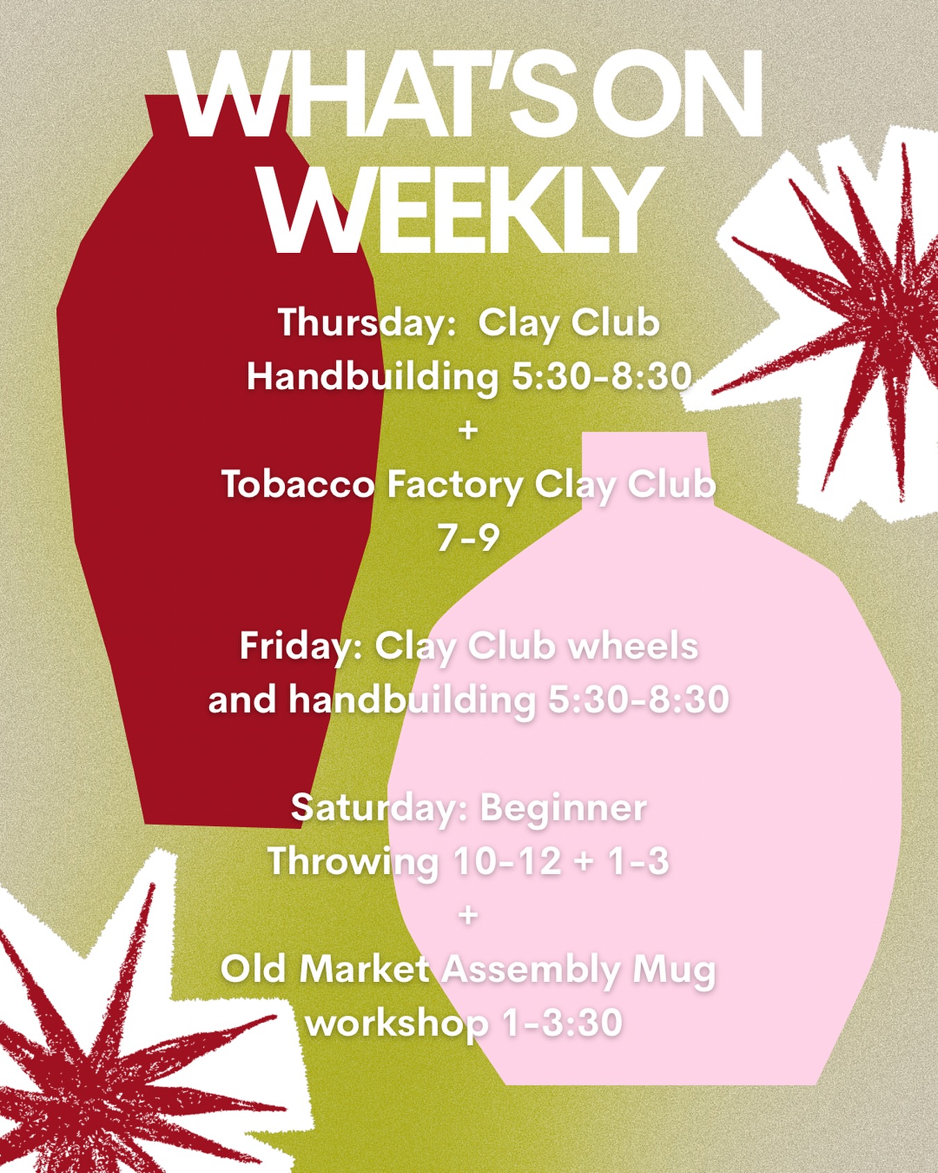 ✨Happy 2026!✨
✨pottymouth are back with a healthy dose of wholesome activities proven to boost mood ✨
✨we have tones of clay club sessions for you to freestyle your pottery to your hearts content and all for a very reasonable £20 or less!!✨
✨we’re starting the year strong with some mug making sessions at @oldmarketassembly Wick much we cannot wait for- see you there✨