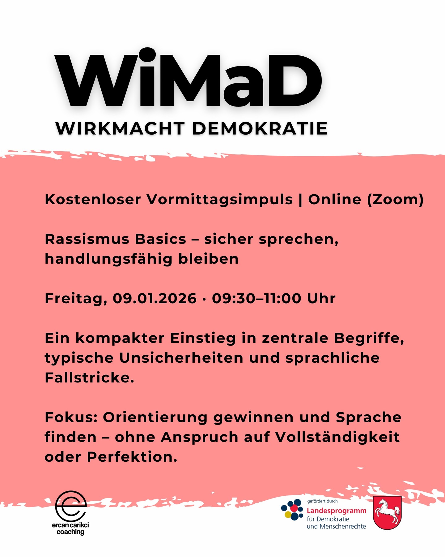 Kostenloser Vormittagsimpuls im Rahmen von WiMaD – WirkMacht:
Multiplikator:innen für gelebte Demokratie.
Ein erster Einstieg in Rassismus Basics mit Fokus auf Sprache, Orientierung und einen reflektierten Umgang.
Ein offenes Angebot – niedrigschwellig und ohne Vorerfahrung.
Infos zum Projekt:
www.AntiRassismusTrainer.de/wimad
#Awareness #WiMaD