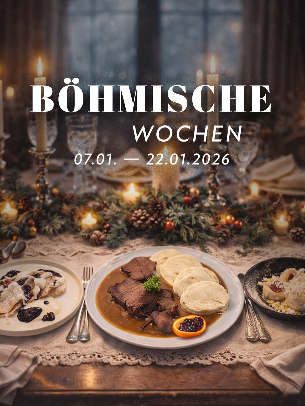 Mitten im Winter holen wir uns ein Stück böhmische Wirtshausgeschichte an den Tisch.
Herzlich willkommen zu unseren Böhmischen Wochen von 07.01. bis 22.01.
Eine Küche aus dem Herzen Europas: Kaiserliche Höfe, internationale Einflüsse und eine tief verwurzelte Wirtshauskultur haben Gerichte geprägt, die zugleich bodenständig und erstaunlich fein sein können. Kräftige Suppen, Knödeltradition und ehrliche Hausmannskost – herzhaft, tröstlich, zeitlos.