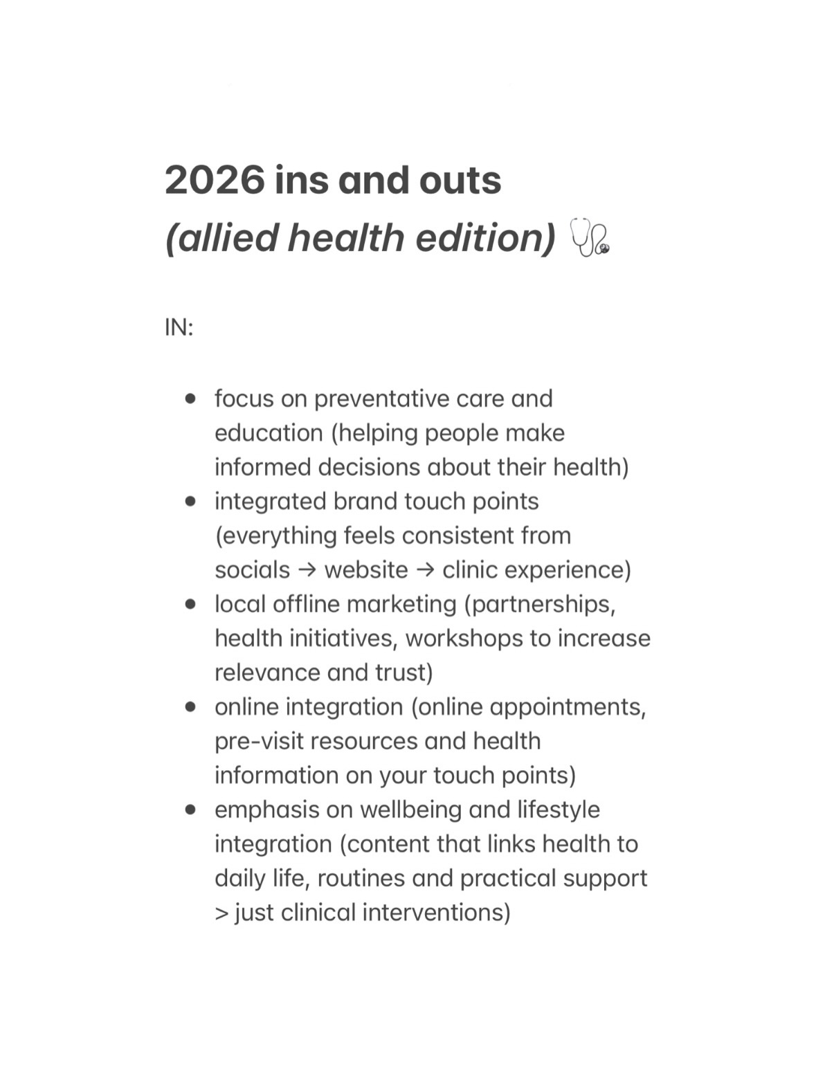 ins & outs (allied health edition)
have I missed anything? anything else we could add?