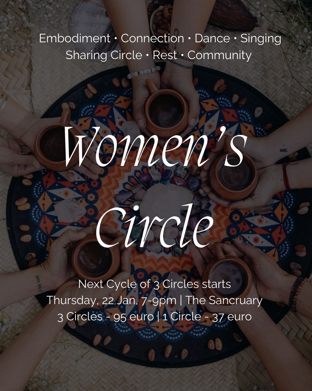 ~ Women's Circles 2026 ~
We return to our regular women's circles on Thursday 22 January 7-9pm in @thesanctuaryd7. These circles are a space for women to connect, express, discover strength in vulnerability, cultivate more connection with the wisdom of the body including our cyclical rhythms. It is a time where we get to remember our inherent power, where we get to show up with all the different parts of ourselves.
You can join these circles as a container of 3 - 22 Jan, 5 Mar & 16 Apr are our next circle dates. You are also welcome to join one circle before committing to a container.
These circles always leave me and other women full hearted charging us for the weeks in between.
If you feel called to join, you are welcome to come as you are with all the things that might be weighing you down at the moment as well as with all the dreams, hopes that you are holding in your heart and wishing to bring to life.
I hope to see you there.
Much love,
Anna
#womenscircle #women'scircledublin #sisterhood #somatic #embodiedwomenscircles #bodyswisdom #community