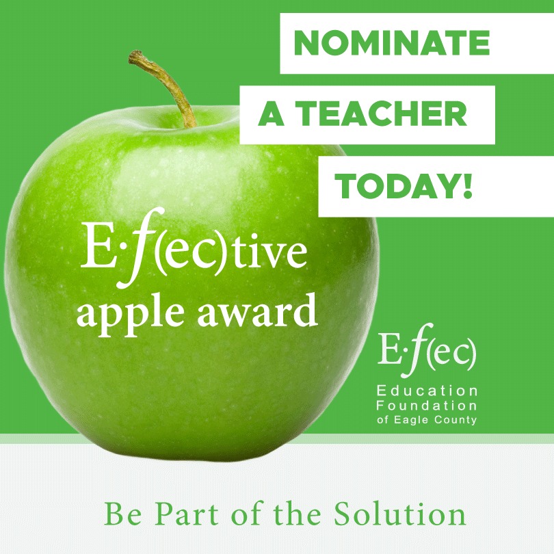January's E•ƒ(ec)tive Apple Award nominations are now open!🍏
Do you know a teacher who goes above and beyond? Please consider nominating an outstanding teacher within one of the @eagle.schools!
Visit
https://www.efec.org/apple-award
to nominate a licensed educator or staff member who goes above and beyond to impact students positively.
This month's winning nominee will be awarded $500 thanks to our sponsors: @alpinebank, Vail Resorts, @vailmtn, @beavercreek, The Zimmel Family Foundation, and Project Funway!
Thank you, sponsors!
Nomine a un maestro o miembro del personal de la escuela:
Nomine a un maestro de Eagle County Schools para ganar $500 por ser un maestro altamente E•ƒ(ec)tivo que va más lejos en el aula para educar e inspirar a los estudiantes.
https://www.efec.org/apple-award
@battlemountainhighschool, @bcmswildcats, @evesibschool, @evhsdevils, @eagle_valley_middle_school, @homestakepeak, @redcanyonhighschool, @redsandstoneecs, @vailskiacademy, @worldacademyecsd
4w