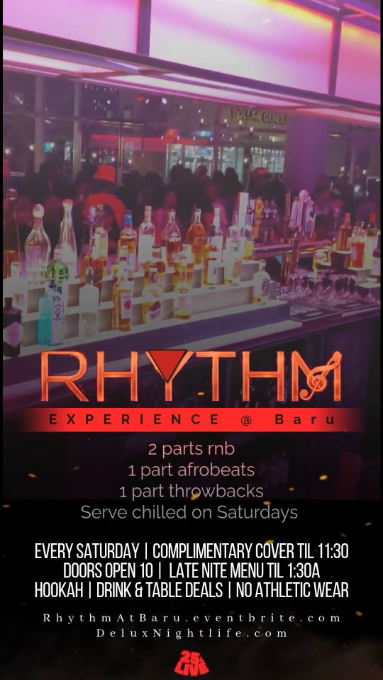 THIS SATURDAY & EVERY SATURDAY!
IF A COMPLIMENTARY COVER til 11:30 & a $160 CASAMIGOS BLANCO TABLE DEAL isn't enough to make you sweat, then maybe Mother Nature is... 60 degree high on Saturday & Cabin Fever will have everyone ready to party!
The RHYTHM @ Baru is a vibe While everyone else is playing all the same songs, our DJs cleverly blend R&B with Afrobeats & throwback classics for a musical experience!
RhythmAtBaru.eventbrite.com or DeluxNIghtlife.com to reserve a section for any occasion (links in bio)