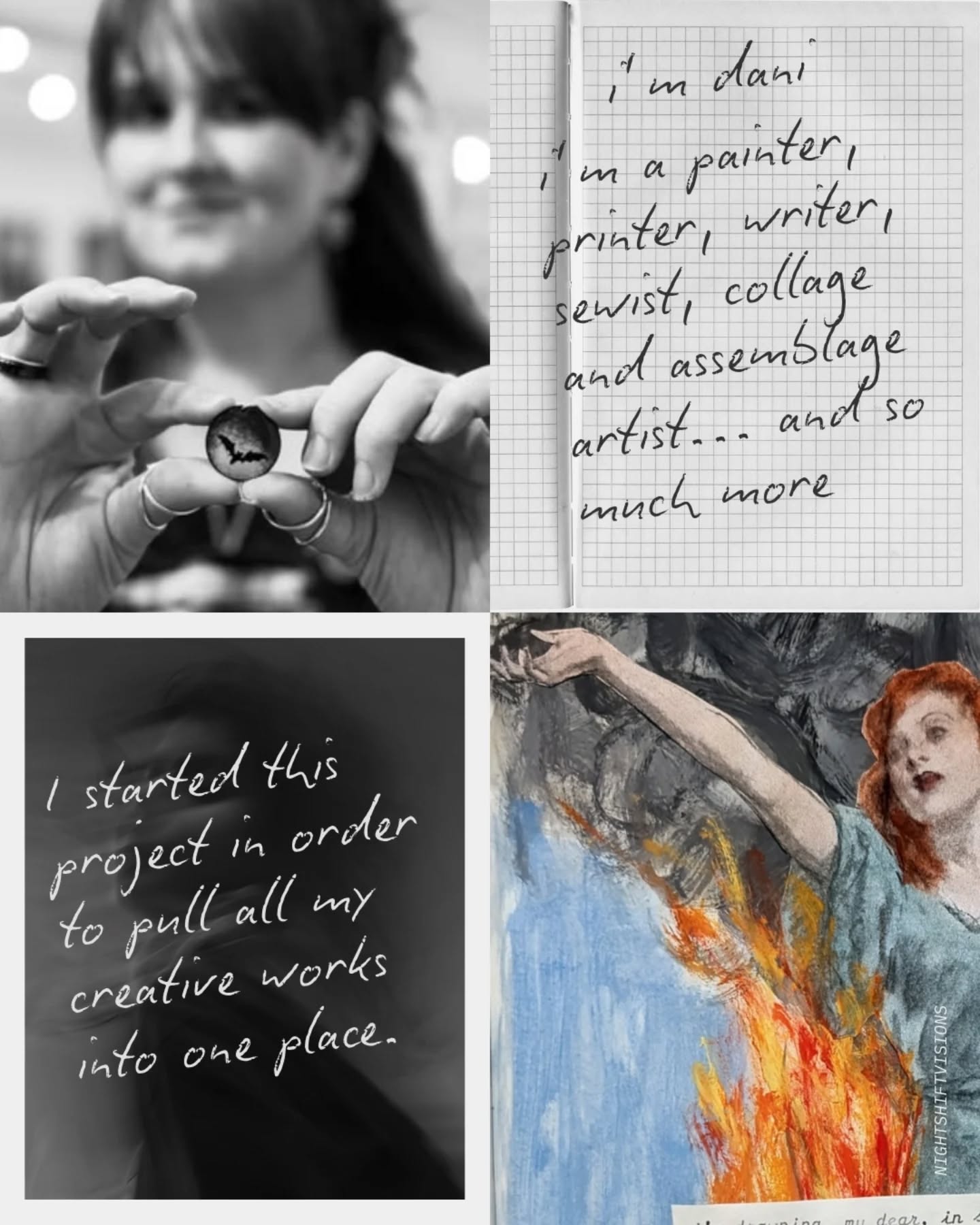 In today's art ecosystem, creators are often urged to niche down and confine themselves to market-friendly categories, to silent impulses that don't fit neatly into predefined brands., and strips away the very spark that makes art vital. At night shift Visions I refuse to accept those constraints.
I reject conventional narratives that dictate what an artist can or cannot do. I embrace the messier, louder, and more authentic side of creation. The part of us that refuses to be boxed in, that thrives on experimentation, and that finds its own rhythm in the realm between expectations.
My work is not a product of market trends; it is a pursuit of passion. I chase the ideas that keep me awake at night, the visions that feel too raw or too radical and I give them form; whether through paint, digital media, needle and thread, or collage. In doing so, I turn the niche back on itself: the niche becomes the creator, not the creation.
Photo credit: the gorgeous Sarah @magpie_mouse_studios - thank you🫀🦇
#altart #diynotdie #pnwlife #artlife