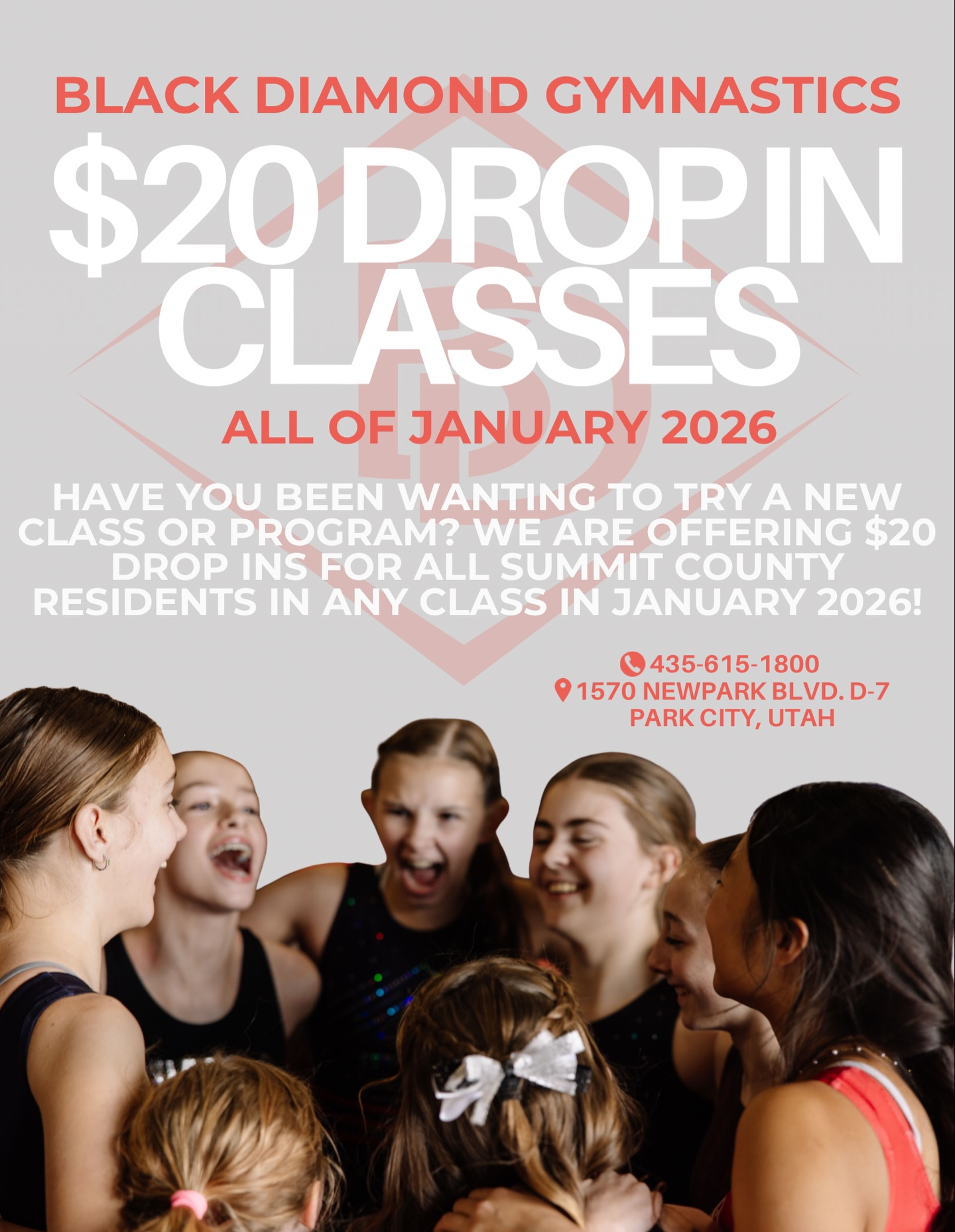 New year, new goals - and the perfect time to try something new at Black Diamond! To kick off the new year, we’re offering local residents $20 trial classes ($40 value) so your athlete can experience one of our high energy programs first hand!
You can try:
✨Parent and Tot Classes
✨Preschool Gymnastics
✨Ninja
✨Big Air
✨Tumbling
✨Girls Gymnastics
Whether you’re looking to build strength, confidence, coordination or just burn some energy, we have a class that fits every age and skill level.
Reserve your trial class by calling 435-615-1800, sending us an email at info@blackdiamondgym.com or stopping by our front desk💥
