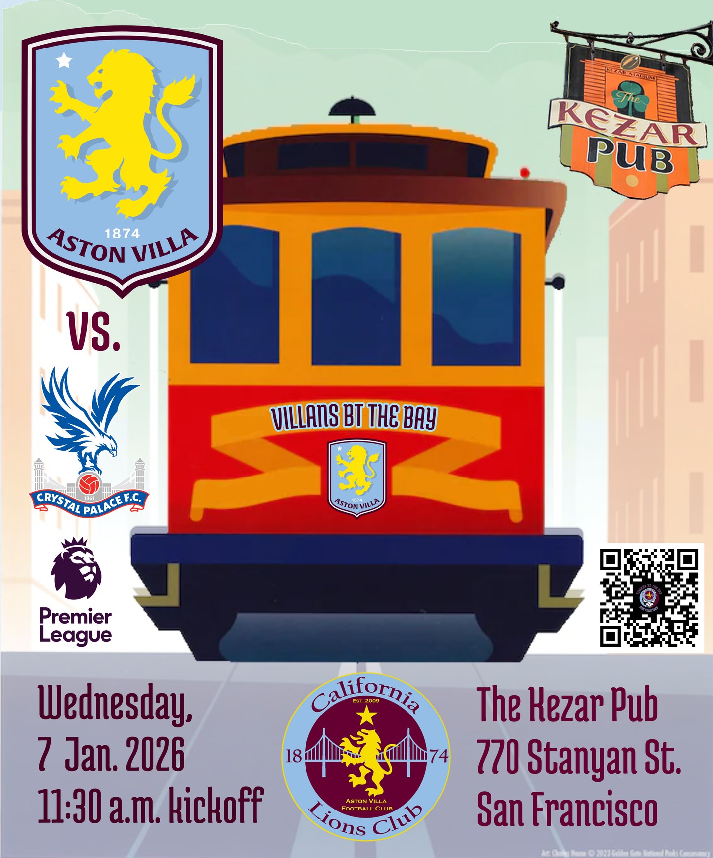 @premierleague Crystal Palace vs @avfcofficial ; Wednesday, 7 Jan 2026, 11:30 a.m. kickoff (PT); @kezarpub 770 Stanyan St. San Francisco. #VillansByTheBay