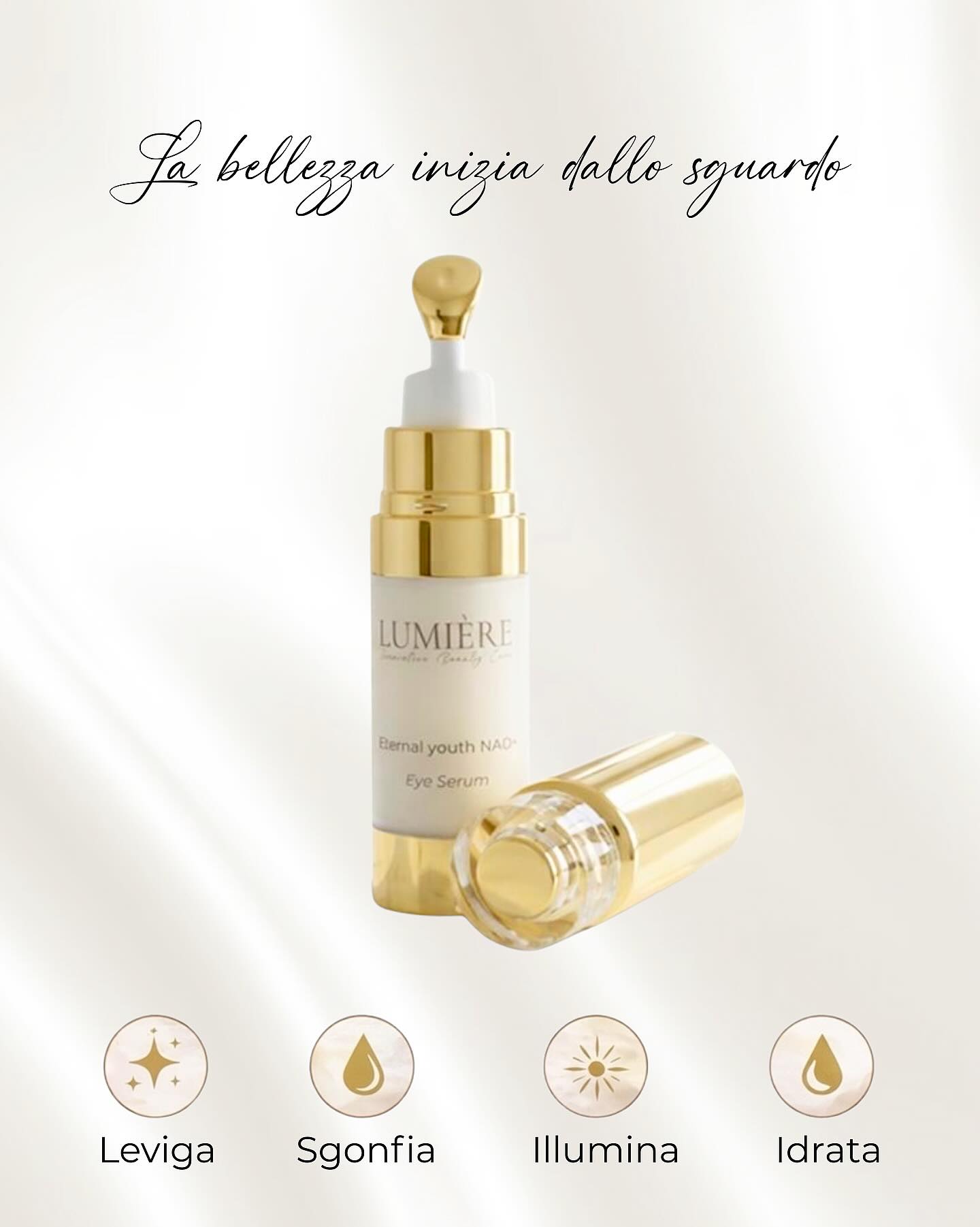 La bellezza inizia dallo sguardo.
Un contorno occhi che lavora subito e nel tempo.
🧬 NMN (precursore del NAD+) supporta l’energia cellulare e la vitalità della pelle
🌿 Centella Asiatica, Camomilla ed Escina aiutano a calmare e decongestionare
✨ Bromelina contribuisce a ridurre l’aspetto di gonfiore
💧 Acido Ialuronico e Collagene idratano e levigano
🤍 Proteine della Seta donano comfort e setosità immediata
L’applicatore metallico amplifica l’effetto fresco, per uno sguardo visibilmente più disteso e luminoso fin dalla prima applicazione.
#Lumiere #ContornoOcchi #NMN #LongevitàDellaBellezza #EyeCareLuxury #SguardoLuminoso