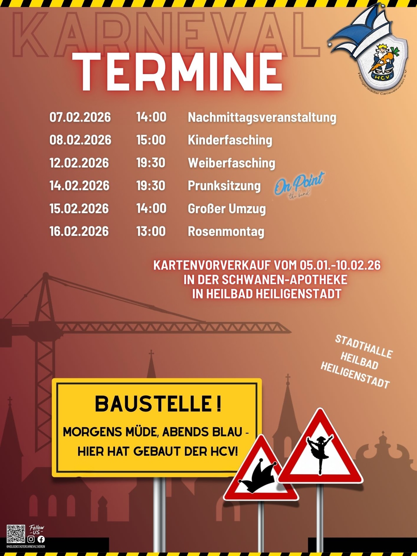 🎭✨ Die fünfte Jahreszeit steht vor der Tür! ✨🎭
Unsere Karnevalssaison rückt mit großen Schritten näher und die Vorfreude steigt! 🎉
In knapp einem Monat feiern wir bereits unsere erste Veranstaltung, also merkt euch die Termine und freut euch auf fröhliche Tage voller Musik, Lachen und guter Stimmung. 🥳🎶
📅 Alle Termine findet ihr auf unserem Plakat – gern speichern und weitersagen!
🎟️ Ab Montag startet der Kartenvorverkauf in der Schwanenapotheke in Heilbad Heiligenstadt. 🦢💊
Sichert euch eure Karten und seid dabei, wenn wir gemeinsam feiern!
Wir freuen uns riesig auf eine tolle Karnevalssaison mit euch!
Hig Hig Helau! 🎊🤍