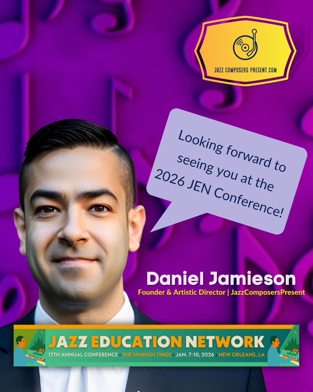 We’re incredibly excited to attend the 2026 Jazz Education Network Annual Conference in New Orleans this week. @jazzednet
Founder and Artistic Director Daniel Jamieson and Operations Manager Steve McFarlane will be at the Conference all four days. We look forward to meeting you!
JazzComposersPresent.com is a proud contributing sponsor of the Jazz Education Network Young Composer Showcase, which will take place on Saturday, January 10th at 2:00pm. Congratulations to all the 2026 selectees!
If you’re a student, staff, or faculty member hoping to learn more about our masterclasses and curricular support programs, visit our Institutional Partnership page for more information! {Link in bio}
Many JazzComposerPresent Presenting Artists have clinics, performances, and panels at the conference, that we are greatly looking forward to!
Annie Booth Big Band - 1/08, 12:00pm @annie_booth @bravajazz @cubouldermusic @thompson_jazz_studies
Richard DeRosa: "How Harmony Can Characterize A Melody" - 1/08, 2:00PM @untcollegeofmusic @untjazz
Annie Booth: "Finding Your Voice: Jazz Composition as Daily Ritual" - 1/10, 12:00PM
"Young Composer Showcase" (Ayn Inserto @ayninserto, Associate Coordinator) - 1/10, 2:00PM
University of Memphis Southern Comfort Jazz Orchestra & Singers, directed by Jack Cooper - 1/10, 6:00pm
The Christine Jensen Jazz Orchestra with Ingrid Jensen - 1/10, 10:00pm @christinejensenjazz @ingridjensenmusic
#JEN #jazzednet #conference #2026 #neworleans #nola #jazzeducationnetwork #jazzeducation #institutionalpartnership #college #university #jazzed #jazzschool #listeningsession #listeninghang #jazz #jazzcomposition #jazzcomposer #jazzcomposerspresent #composer #arranger #composition #arranging #jazzmusic #lesson #minilesson #learnjazz #musician #music #bigband