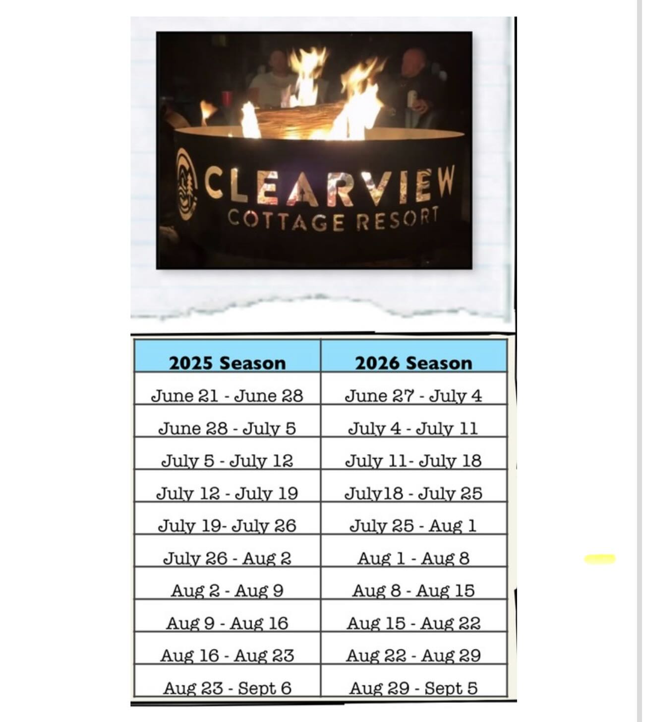 It’s that time Clearview family! The deadline for reconfirmations is February 1st. The chart shows the week you had last year and the corresponding dates for this year. Please look carefully at your week. If you have any questions feel free to send us an email. #clearviewcottageresort #nowordsjustmemories #vacations