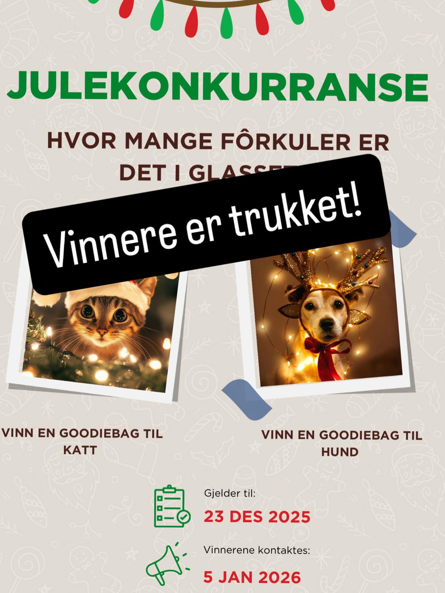 Det er trukket to vinnere! 🥳 Gratulerer til Anne L. 🐶 og Berit S. 🐱 Dere vil bli kontaktet fortløpende 📞
Vi vil også takke alle for deltagelse! Det har vært mange bidrag og det setter vi pris på 🫶🏼 og for den som lurer, det var 747 fôrkuler 🤪