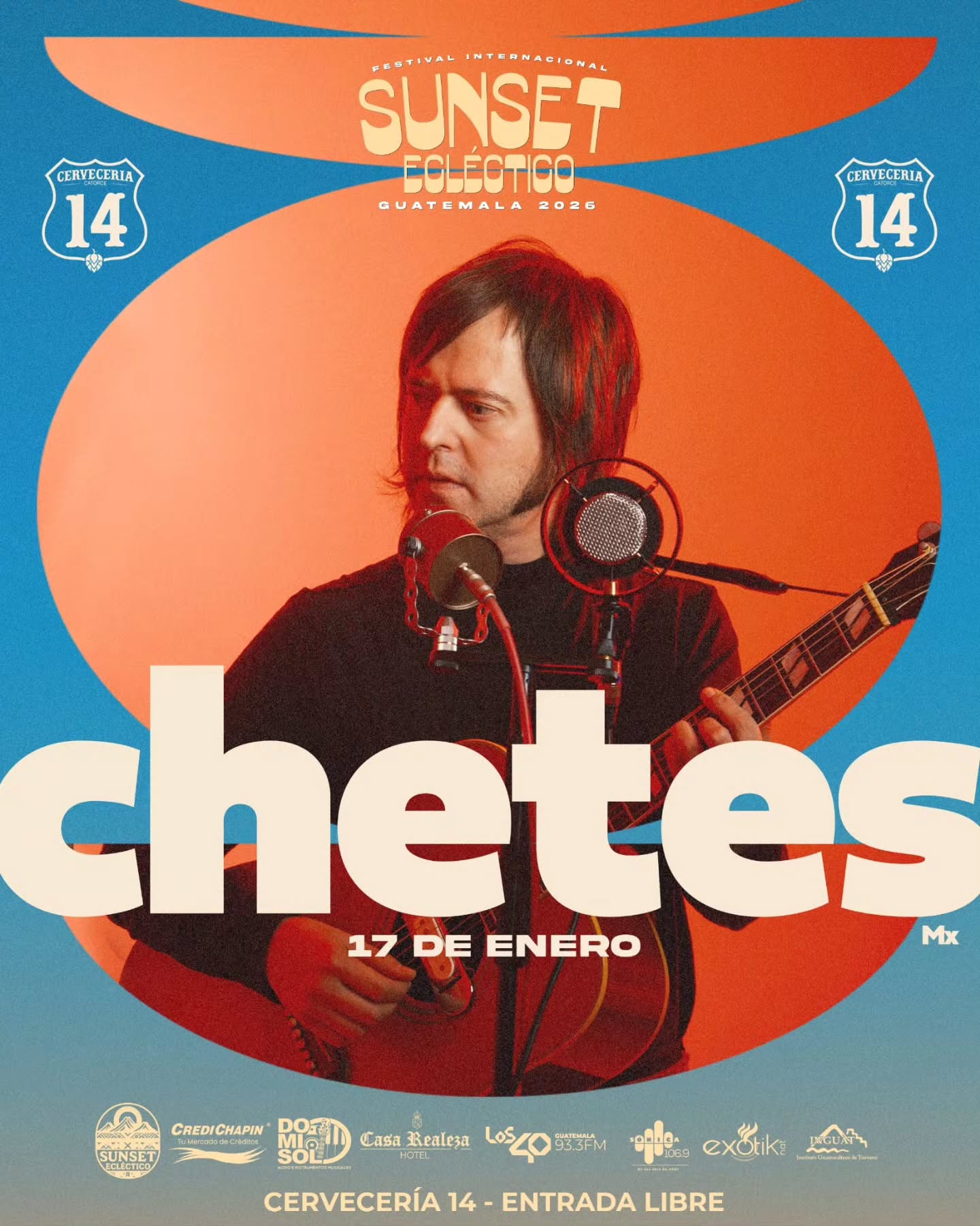 CHETES
Canciones que se sienten como confesiones.
Chetes llega a Sunset Ecléctico con su universo sonoro lleno de melodías profundas, letras honestas y una trayectoria que lo convierte en un referente del indie y rock alternativo latino.
Cantautor y productor mexicano, ex integrante de Zurdok, con una sólida carrera solista reconocida por su sensibilidad lírica y constante evolución musical.
17 de enero
Cervecería 14
Sunset Ecléctico
#festivales
#Guatemala
#sunseteclectico
Un evento de @sunseteclecticooficial
www.sunseteclectico.com
