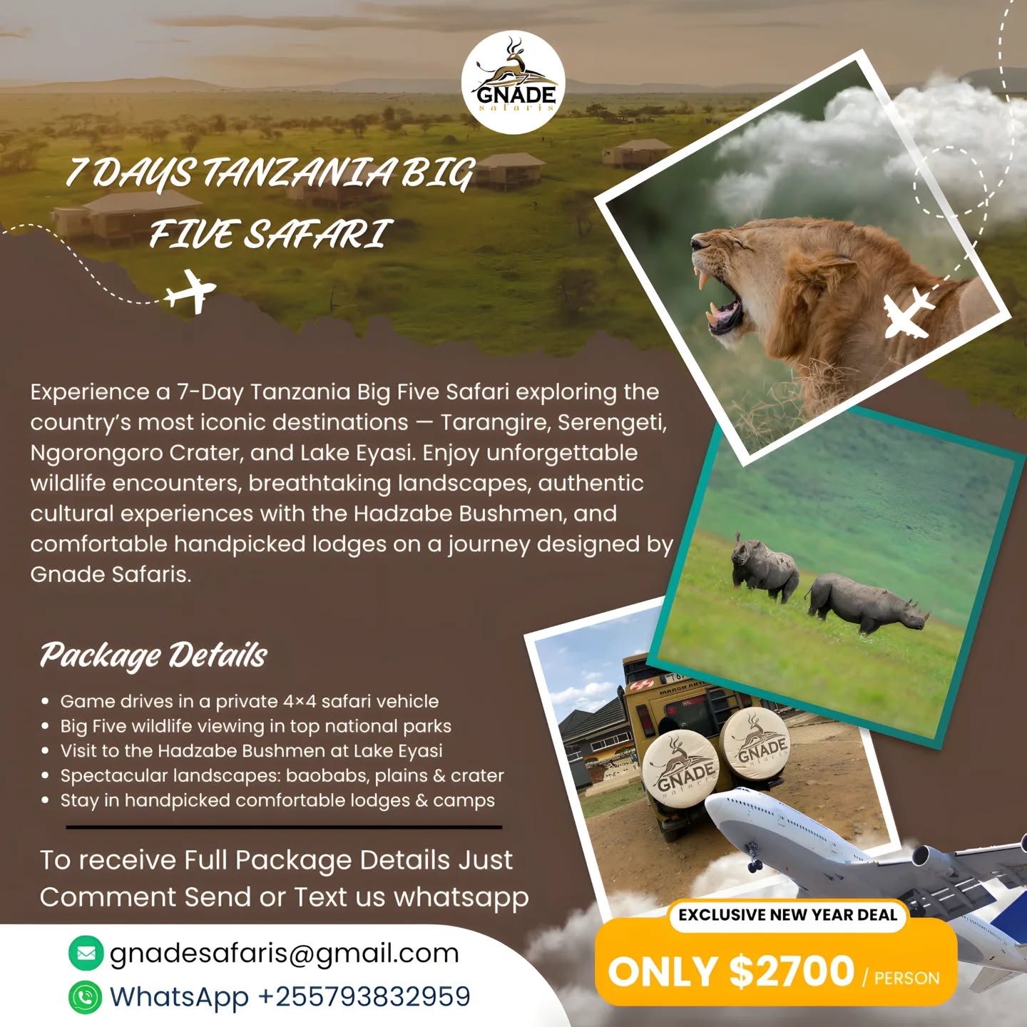 🦁🌍 7 Days. Big Five. Culture & Iconic Landscapes — The Ultimate Tanzania Safari Experience Awaits! ✨
Step into the heart of Africa on this 7-Day Tanzania Big Five Safari, expertly designed by Gnade Safaris to showcase the very best of the country’s wildlife, landscapes, and living cultures. From elephant-filled savannahs to endless Serengeti plains, the Ngorongoro Crater, and the ancient traditions of Lake Eyasi — this journey defines what a true African safari should be.
This is not just a safari.
It is Tanzania in its purest form. 🐘🌿
🌟 Safari Highlights
✔️ Big Five strongholds — lions, leopards, elephants, buffalo & rhinos
✔️ Three legendary parks — Tarangire, Serengeti & Ngorongoro Crater
✔️ Exclusive Hadzabe cultural experience at Lake Eyasi
✔️ Handpicked mid-range & luxury lodges
✔️ Private 4×4 Land Cruiser with pop-up roof
✔️ Expert English-speaking driver-guide
✔️ All meals, park fees & airport transfers included
✔️ Easy extension to Zanzibar beach holiday 🏝️
📌 Quick Itinerary Snapshot
Day 1: Arrival in Arusha
Day 2: Tarangire National Park — elephants & baobabs
Day 3–4: Serengeti National Park — endless plains & predators
Day 5: Ngorongoro Crater — Big Five paradise
Day 6: Lake Eyasi — Hadzabe cultural experience
Day 7: Departure or Zanzibar extension
💼 Perfect For
👫 Couples & honeymooners
👨👩👧 Families seeking a complete safari
📸 Wildlife photographers
🌍 Travelers wanting wildlife + culture in one journey
🌍 Why Travel with Gnade Safaris?
Because we combine wildlife, culture, comfort, and local expertise into one unforgettable adventure — designed with care, passion, and precision.
📩 Start Planning Your 7-Day Tanzania Safari
📧 gnadesafaris@gmail.com
📲 WhatsApp: +255 793 832 959
🌐 www.gnadesafaris.com
#GnadeSafaris #TanzaniaBigFive #SerengetiNationalPark #NgorongoroCrater #TarangireSafari #LakeEyasi #Hadzabe #CulturalSafari #LuxurySafari #PrivateSafari #VisitTanzania #SafariAdventure #ExploreAfrica