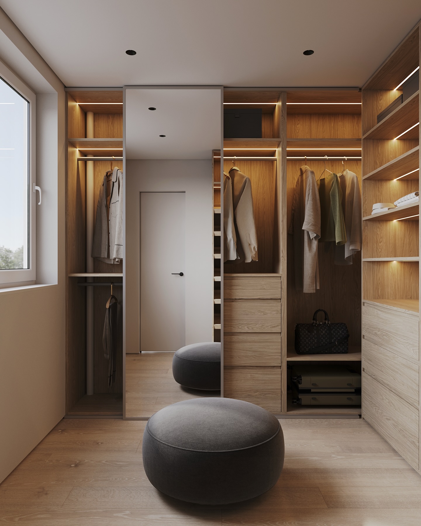 Walk-in-closet during day/night✨
______________________
•design-project “Nordic Ember”
•#did_nordicember
•design: @design.in.details
•location: Zagreb, Croatia
______________________
📩DM to begin your design journey with us
#moderninteriordesign #wardrobeinspo #interiordesign #visualization