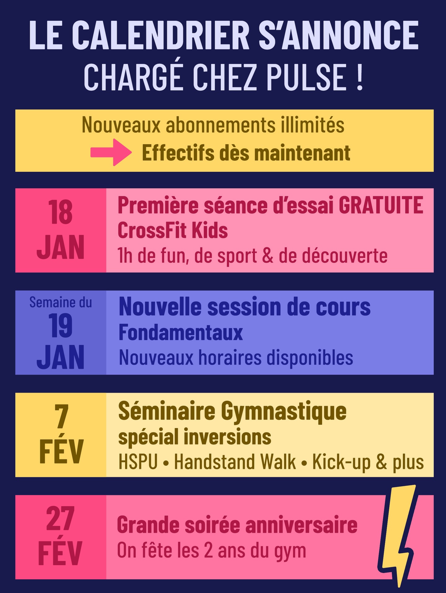 📅🔥 LE CALENDRIER S’ANNONCE CHARGÉ CHEZ PULSE ! 🔥📅
💥 Nouveaux abonnements illimités
➡️ Effectifs dès maintenant
👧🧒 18 janvier
➡️ Première séance d’essai GRATUITE – CrossFit Kids
⏱️ 1h de fun, de sport & de découverte
📘 Semaine du 19 janvier
➡️ Nouvelle session de cours Fondamentaux
➡️ Nouveaux horaires disponibles
🤸♂️ Samedi 7 février
➡️ Séminaire Gymnastique – spécial inversions
➡️ HSPU • Handstand Walk • Kick-up & plus encore 🔥
🎉 Vendredi 27 février
➡️ Grande soirée anniversaire
➡️ On fête les 2 ans du gym 🥂🎂
#pulsemtl #doyoufeelthepulse