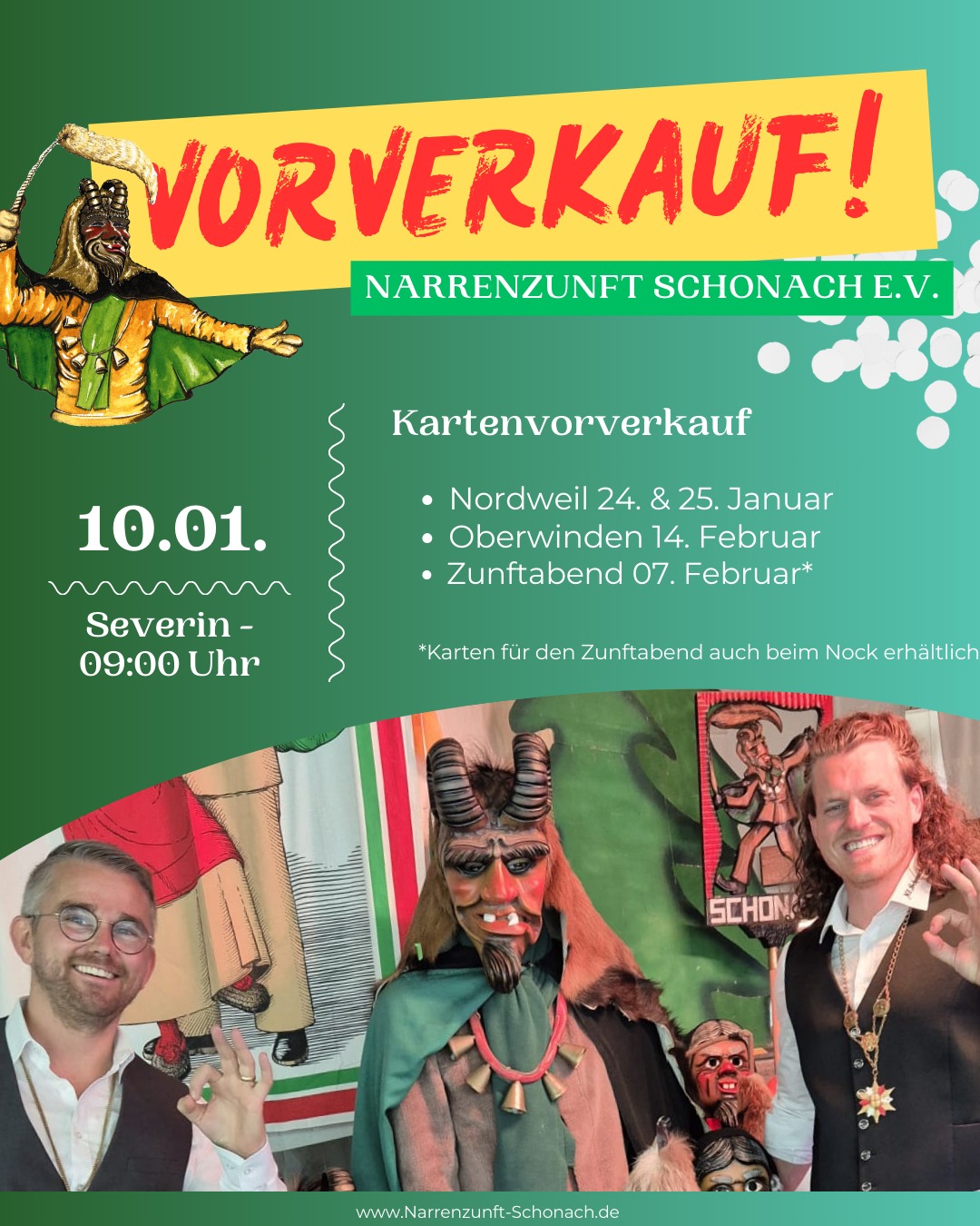🎭 Schonach, es geht los! 🥳
Unsere Fasnet 2026 steht vor der Tür – und wir haben ein volles Programm für euch, die Vorverkauf-relevanten Themen:
🕯 24./25.1. Narrentreffen Nordweil
(Für Interesse an Übernachtung bitte an die Zunftmeister wenden)
🚍 1.2. Narrentreffen Furtwangen
🍻 7.2. Zunftabend
🎊 14.2. Fasnetsamschdig Oberwinden
💌 Vorverkauf ab 10.1. beim Textilhaus Severin Burger (Zunftabend auch bei Getränke Nock)
🥚 Für jeden Besucher gibt’s einen Eierlikör 😄
💥 Schonach + Fasnet = etwas ganz Besonderes!
#Schonach #Fasnet2026 #Narrenzunft #Gemeinschaft #Tradition #Dorfleben #Närrisch