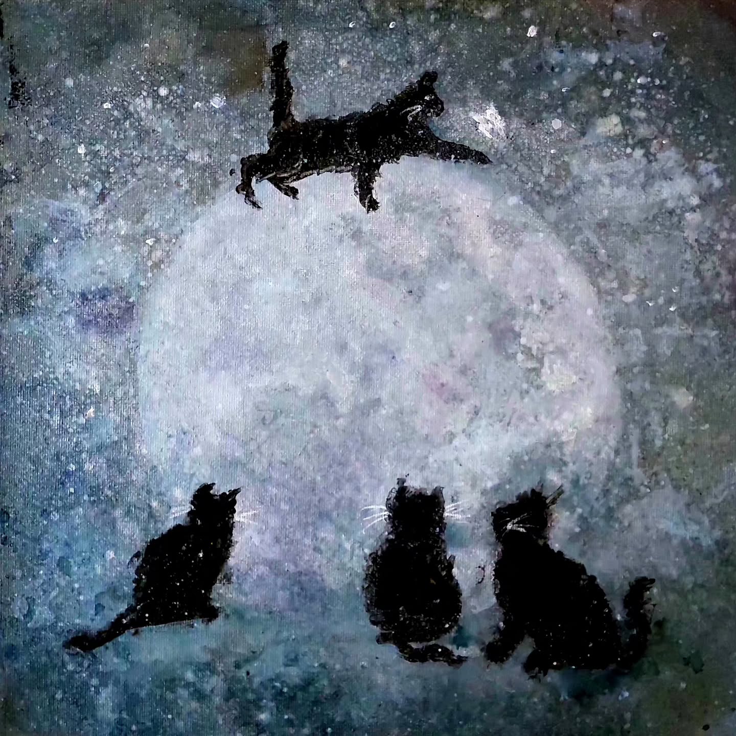 It's a wolf moon tonight but I'm painting more cats. Four black cats, to be exact. Three cheering on (or silently judging) their bold friend who takes a giant leap for a moth over the moon. Acrylic, alcohol ink, spray mica. $95 plus shipping or meet up.
#catsofinstagram #kitties #fullmoon #lunarvibes #ink #artismagic