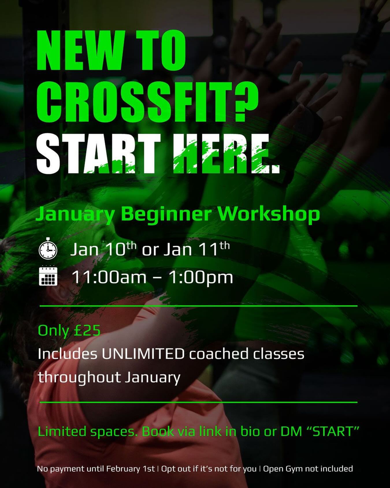 NEW TO CROSSFIT? START HERE.
Join us for our Beginner Workshop:
📅 Jan 10th or Jan 11th
⏰ 11am–1pm
In this 2-hour session you’ll learn the key movements used in our CrossFit classes, plus simple scaling options — all in a friendly, coached environment.
£25 includes:
• The beginner workshop
• Unlimited classes for the rest of January
• No payment until Feb 1st
If during January you decide CrossFit isn’t for you, just let us know and simply opt out.
No experience needed, all fitness levels welcomed. Limited spaces.
👉 Book via the link in bio or DM for more info 💪
