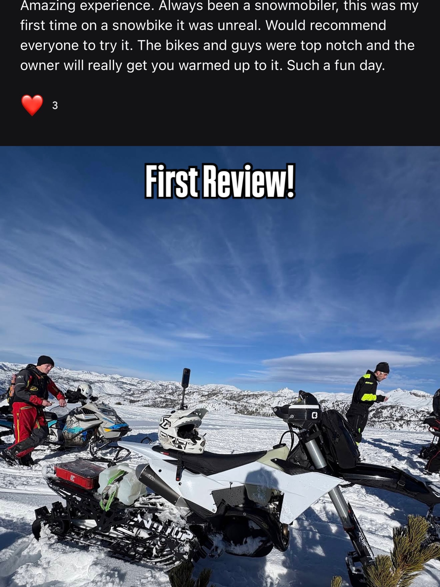 First ride. First review. Five stars. ⭐⭐⭐⭐⭐
Nothing beats seeing sled riders try out snowbikes and leave stoked. This is just the beginning—406 Adventures is officially rolling.