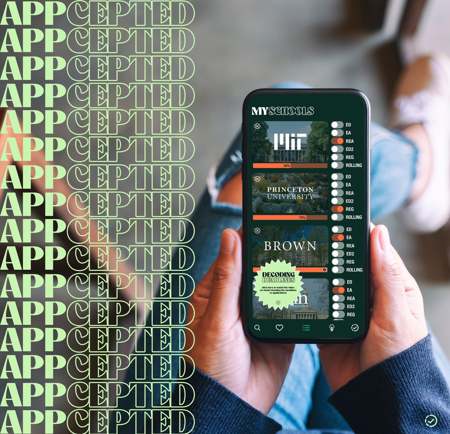 A user-friendly app that combines all of the expertise of elite college admissions counselors and acts as a go-to advisor, setting students up for success by giving them individualized start to finish guidance throughout high school and the college admissions process.