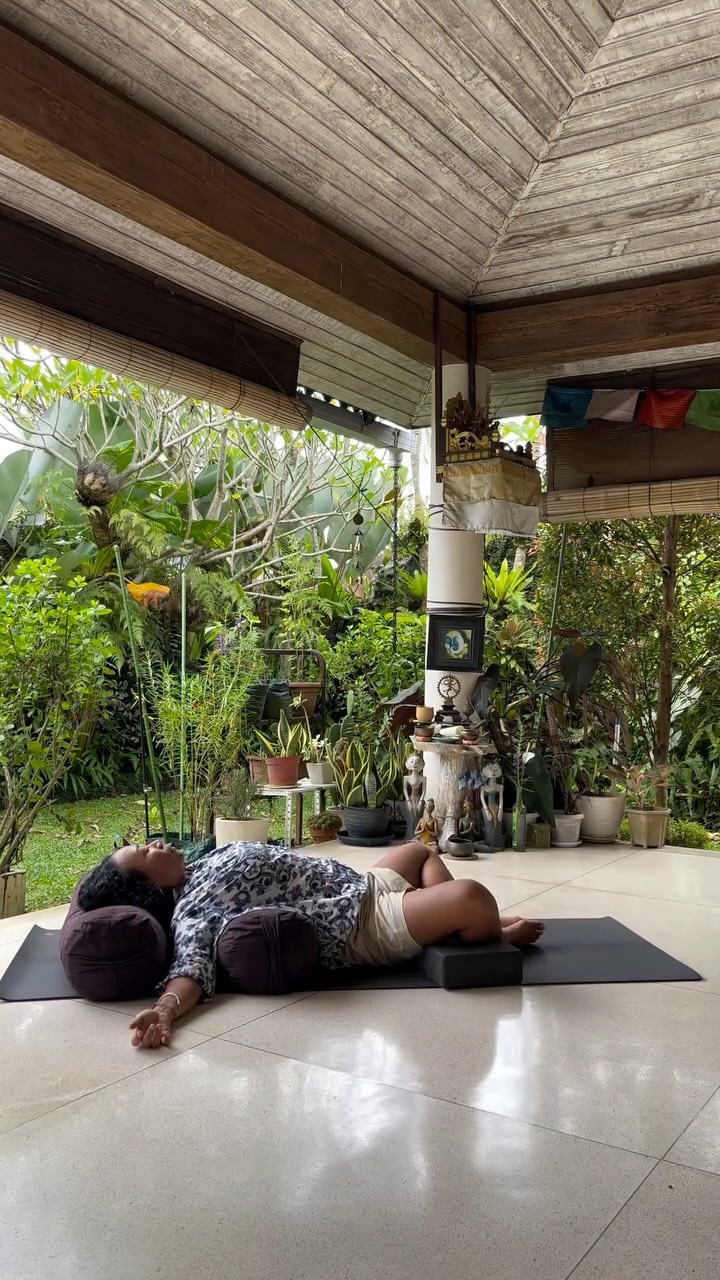 Exhale Longer
Rest Deeper
I hold the space and you do the resting.
Reach out if you’d like to practice together.
🌳 On frame is a reclining Butterfly pose, supported with a bolster at the upper back and head, and 2 blocks to support my knees 🦋
#slowdown #ubudyoga #yogainbali #bali #wellnessjourney