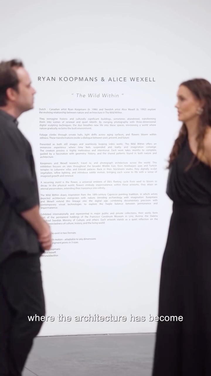 The Wild Within at @leilahellergallery is a major exhibition by artist duo @ryan.koopmans & @alice.wexell presented in one of the largest galleries in the region.
The artistic process begins with researching, exploring, and photographing real architectural sites around the world. Then the artists implement digitally sculpted plants, flowers and motion into the images of these spaces.
The exhibition is open until mid-January 2026 at Leila Heller Gallery in @alserkalavenue Dubai.
filmed by @barabas.creator