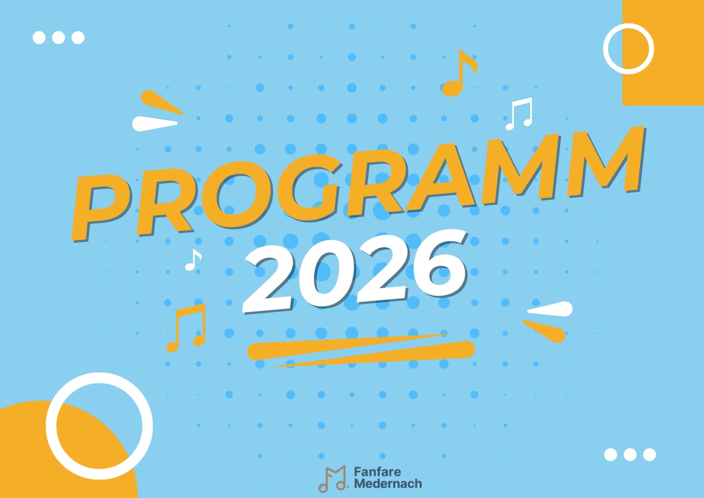 Miedernacher Musek - Programm 2026
Während dem Joer gëtt dëse Post reegelméisseg aktualiséiert.
09.01 Generalversammlung um 19h30
06.02 Krimidinner: Speed Dating - Déi lescht Chance Apéritif ab 18h45
07.02 Krimidinner: Speed Dating - Déi lescht Chance Apéritif ab 18h45
10.03 Auditioun CMNord um 18h30 (Instrumental)
11.04 Kommioun
21.04 Auditioun CMNord um 18h30 (Formation musicale)
02.05 Kiermes Miedernach - Hämmelsmarsch ab 09h30
16.05 Gala Concert um 19h30
06.06 Concert Jugendensembel zu Waldbëlleg um 13h00
07.06 Concert Plëss um 11h00
22.06 Virowend vu National Feierdag
27.06 Wake Up! Festival
09.07 Concert Camping Kéngert
10.07 Cortège Suewelbuer
22.09 Concert zu Eppelduerf - Kiermes wéi Fréier
11.10 Journée de la Commémoration Nationale
11.10 Concert zu Veianen um 11h00
14.11 Concert zu Bascharage
22.11 Céciliendag
22.11 Concert Hierschfest Béiwen
05.12 De Kleeschen kënnt
13.12 Concert de Bienfaisance
20.12 Crëscht Tour duerch d‘Gemeng