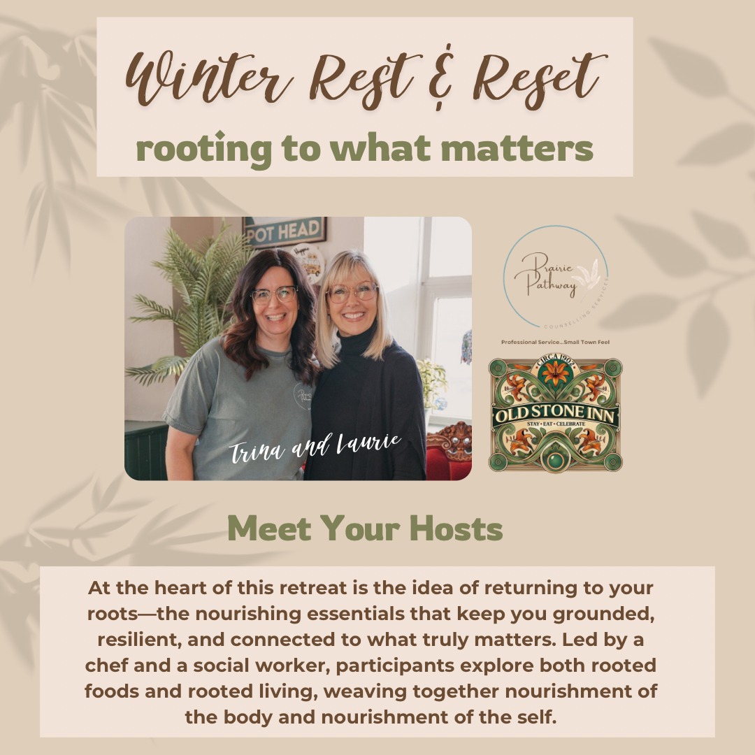 🌿 WINTER REST & RESET 🌿
Soil to Soul
New year. Same amazing human.
Just… better tuned.
Instead of chasing resolutions that fizzle by mid-January, Trina Battersby (Prairie Pathways Services) and I are hosting a wellness retreat that strips away the fluff and goes straight to the roots.
Trina will show you how to ground yourself in this chaotic world — calming the nervous system, understanding stress in the body, and building real resilience.
I’ll be doing what I do best: feeding you ridiculously well, sharing a homesteader’s mindset, connecting food to land, farmers, sun, herbs, forest bathing, grounding, and all those back-to-basics things our ancestors just knew.
Expect:
🍲 tons of nourishing food & drink
🧠 real grounding tools
🌿 earth-connected wisdom
🎁 swag bags you’ll actually love
🧘♀️ gentle movement + deep exhale energy
✨ Want to go all in?
Stay over, wear your PJs, and wake up to an epic breakfast.
🕤 Doors open 9:30 a.m.
📅 Jan 10 | 10–4
💫 $150/person
📍 The Old Stone Inn
Come hungry. Leave grounded.
🌱 Soil to Soul.
Limited spots. Grab tickets here: www.oldstoneinn.ca/event-list