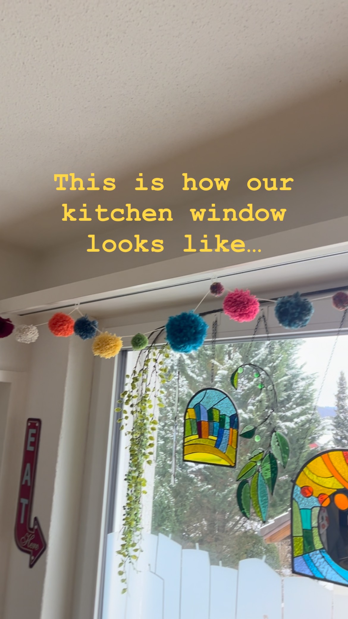 Hello, I’m Anna and in the new year maybe it’s time to reintroduce myself bit by bit…
1. I really like collecting, creating and recycling stuffs and forming our appartment to mirror our personality… I could not do it otherwise 😁
For example here’s our kitchen window, that is a creative mess…
Here’s a
- colorful pompom guirland, that I made for a market,
- some stained glass creations, that you can order if you feel so, just send me a pm,
- a stripe of houses, that is made of opaque sticker foil and cut randomly by hand,
- a fake branch, that looks quite realistic
- a metallic sign telling that you can eat here
… to be continued
Please feel free to ask, I’m not AI, but a real person, and love to have real conversations 😊
#annabies #stainedglass #switzerland