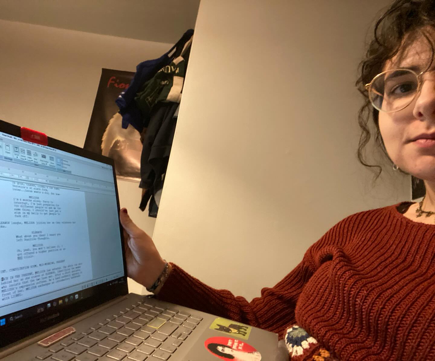 It’s extremely difficult to document your progress as a writer on social media platforms without potentially ‘spoiling’ your work. Or, in my opinion, without looking like a tit.
I’ve taken photos with my laptop over the last few years but am sometimes hesitant to as I worry about them being cheezy. Maybe it’s time to take more photos OF my laptop without somehow spoiling my work??
But last night, I thought I looked alright and decided to take a photo of myself editing a pilot script which I am likely on Draft 7000. I start developing this script thanks to my opportunity to take Advanced Scriptwriting with @bascreenwriting whilst at university.
Last night, I felt chuffed with new ideas, developments and plot lines I had to make this pilot the best it can possibly be. The more I write and study the work of my influences, the more confident I become as a writer.
It’s difficult to document my work with the world. My article writing and photography is easy…but how do you document scriptwriting??
I say this because although the joy and adrenaline I get from writing and developing my scripts is the epitome of enlightenment for myself, I’m literally just sitting in my bed with my laptop and typing too loudly. Other times I’m at a cafe. Usually the same cafe. Not very interesting to the average spectator until the work is actually done.
In conclusion, I will be submitting this draft to the New Writer’s Collective before the deadline on Thursday! Wish me luck and if anyone has any less cheezy ways to promote your script development rather than bed selfies- please let me know!!!
(Also yes I was very happy with that curl sticking out yesterday)